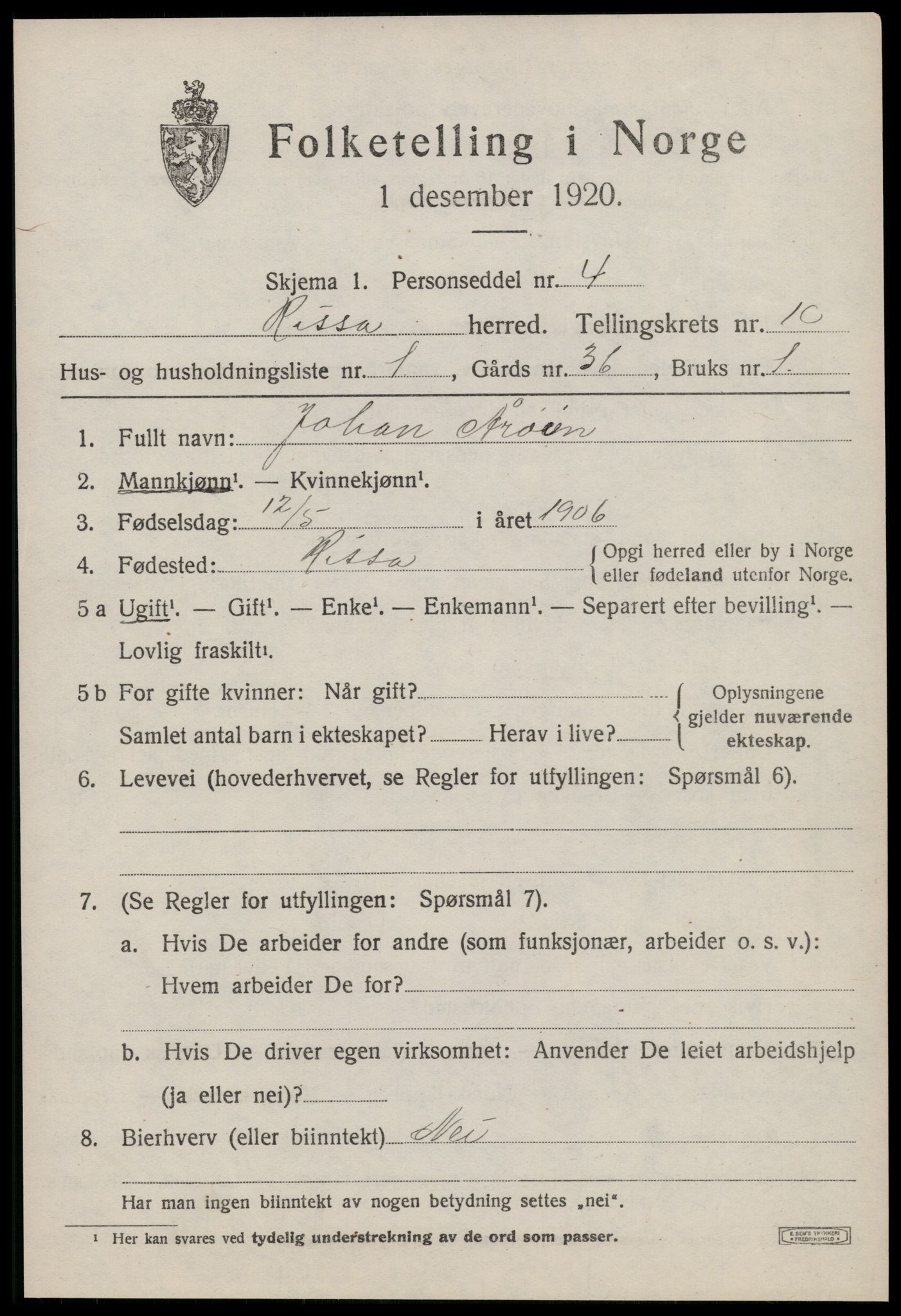 SAT, 1920 census for Rissa, 1920, p. 6575