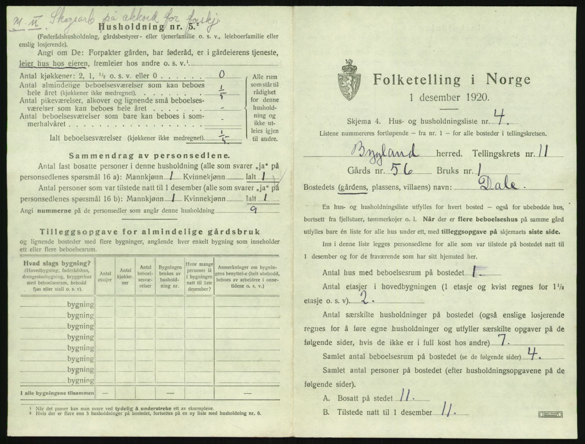 SAK, 1920 census for Bygland, 1920, p. 663