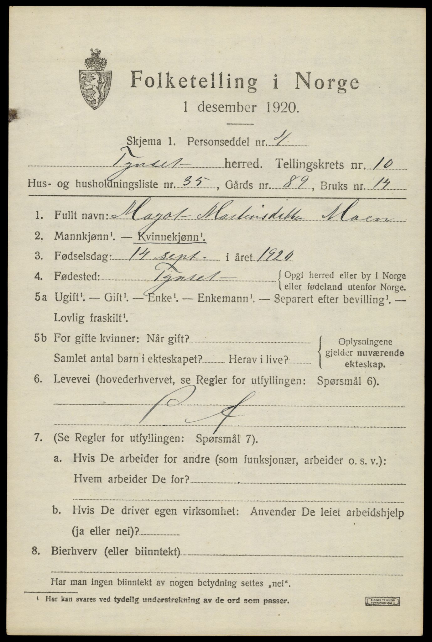 SAH, 1920 census for Tynset, 1920, p. 7982