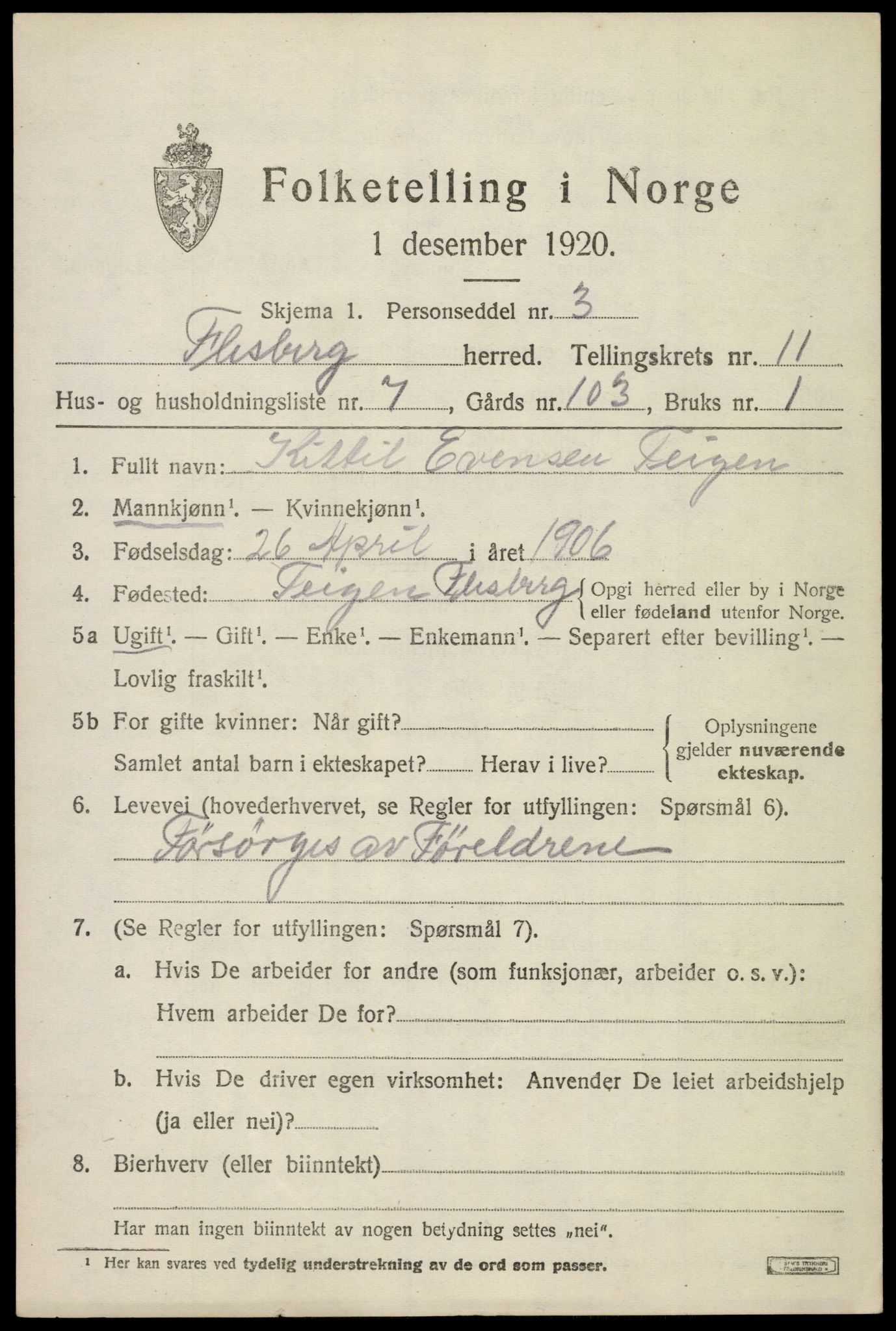 SAKO, 1920 census for Flesberg, 1920, p. 3775