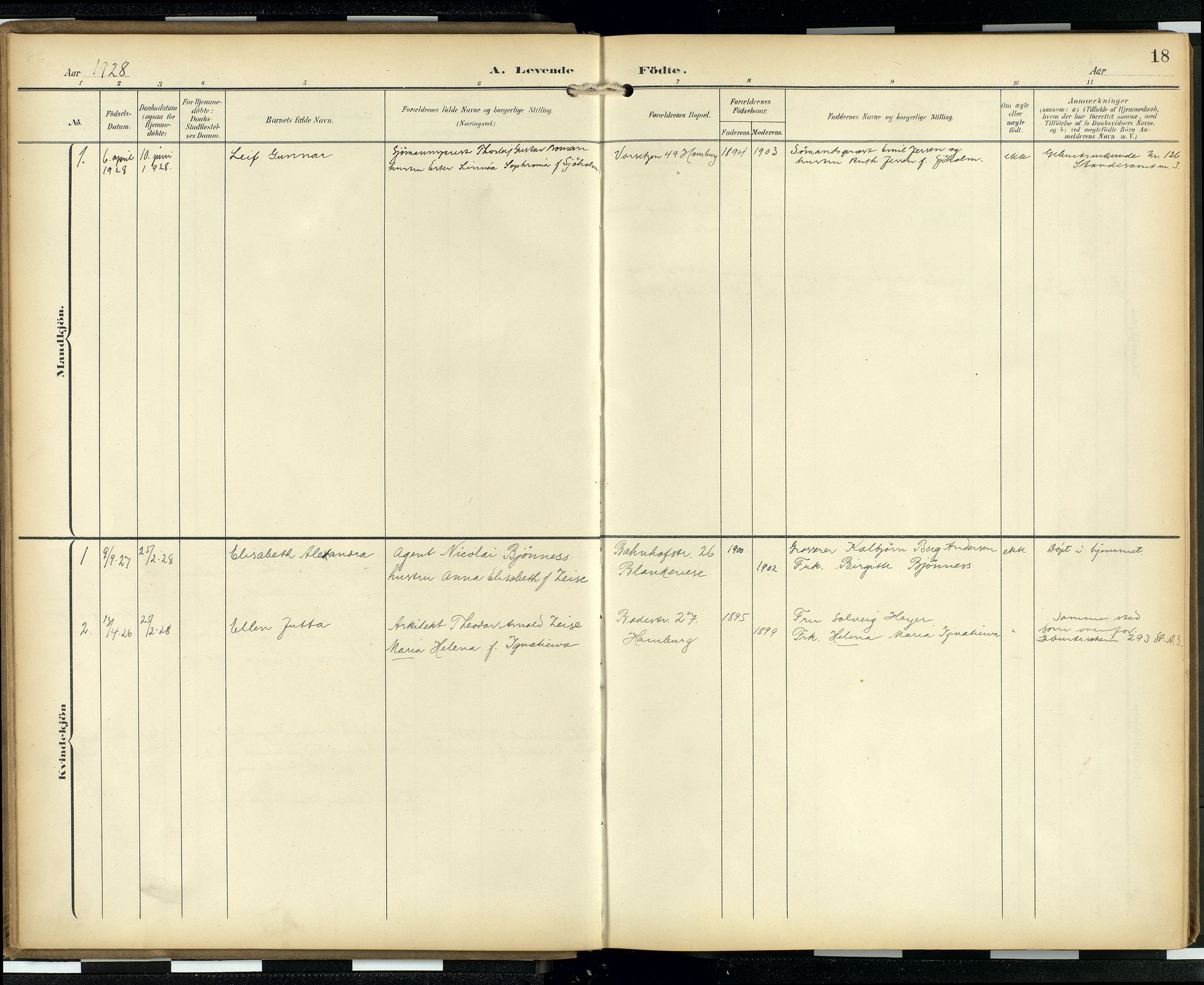 Den norske sjømannsmisjon i utlandet/Hamburg, AV/SAB-SAB/PA-0107/H/Ha/L0001: Parish register (official) no. A 1, 1907-1951, p. 17b-18a