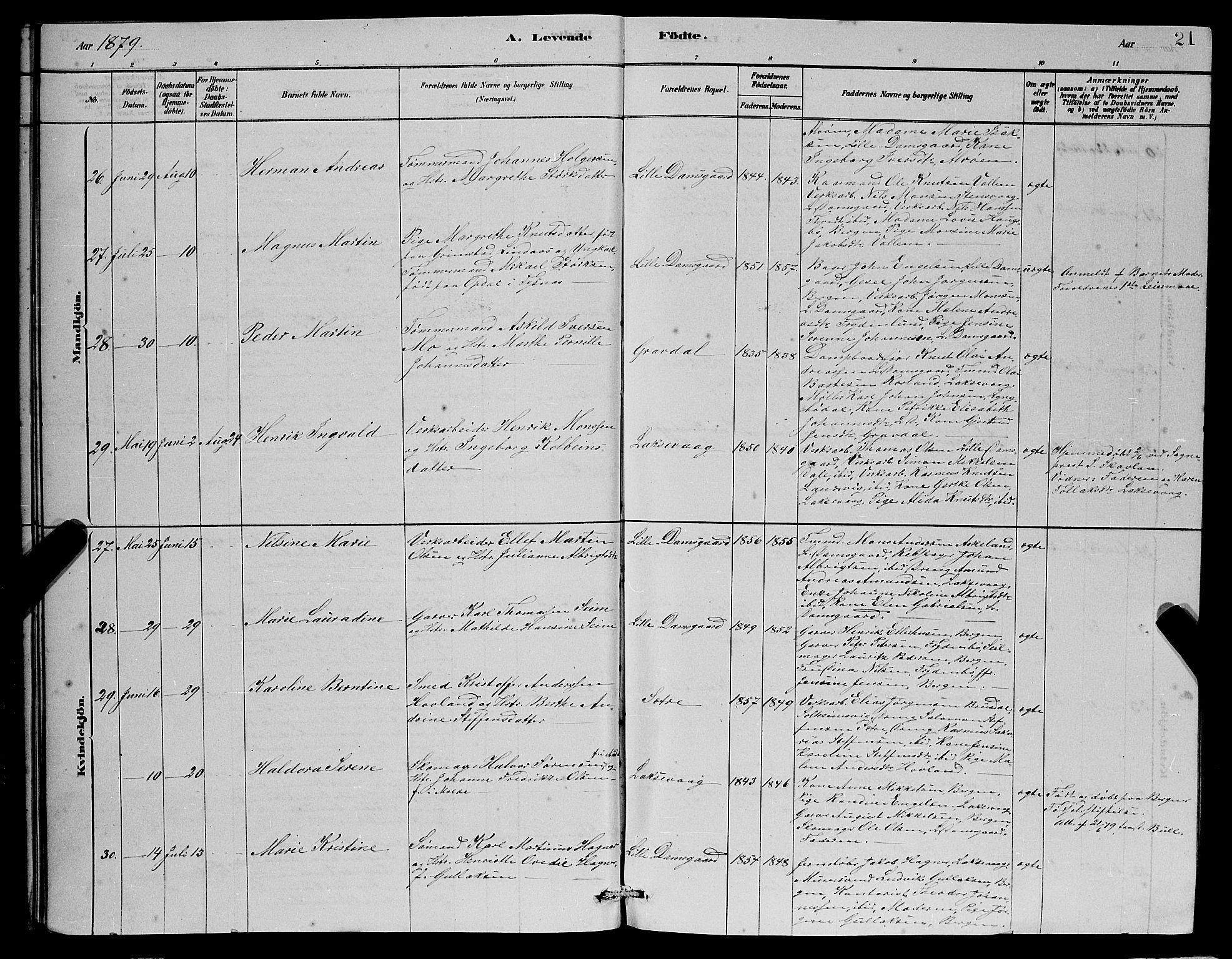 Laksevåg Sokneprestembete, AV/SAB-A-76501/H/Ha/Hab/Haba/L0002: Parish register (copy) no. A 2, 1877-1887, p. 21