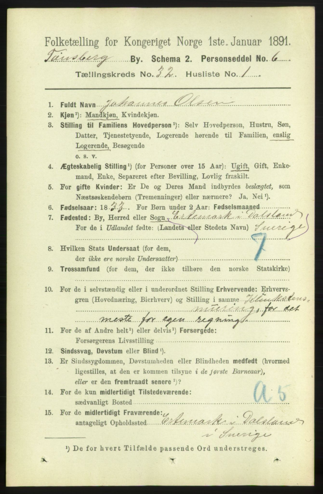 RA, 1891 census for 0705 Tønsberg, 1891, p. 7465