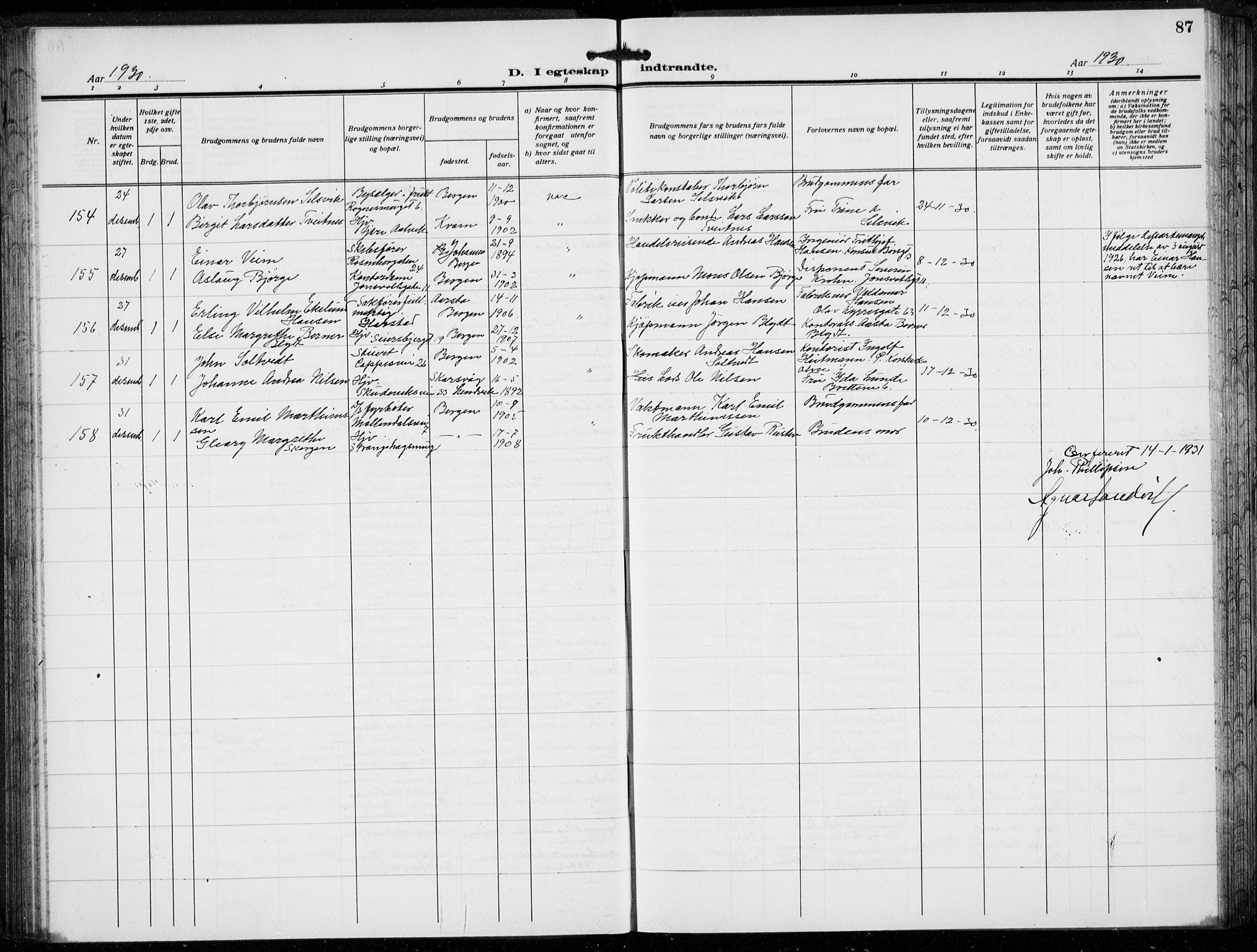 Domkirken sokneprestembete, AV/SAB-A-74801/H/Hab/L0034: Parish register (copy) no. D 6, 1924-1941, p. 87