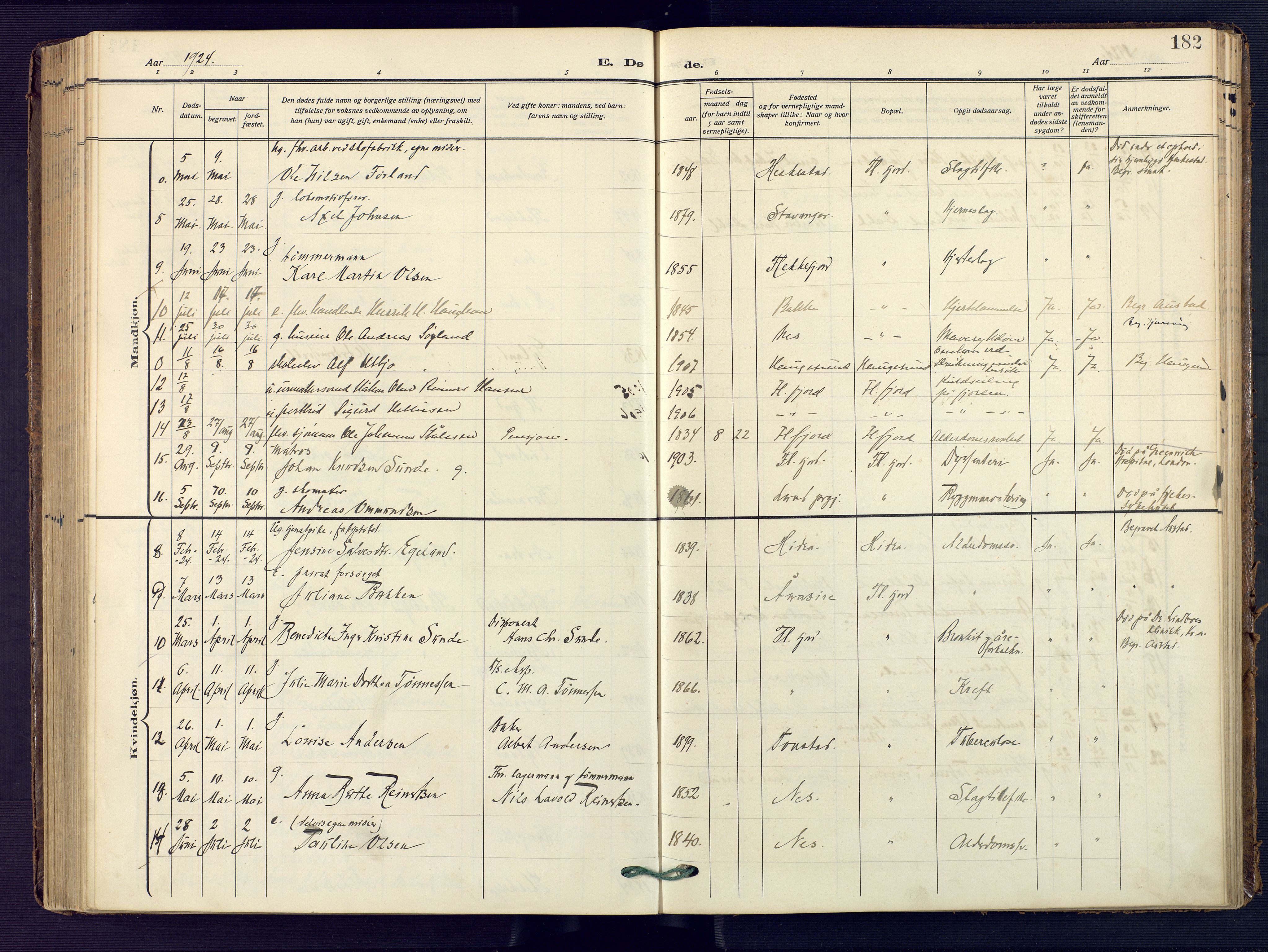 Flekkefjord sokneprestkontor, SAK/1111-0012/F/Fa/Faa/L0003: Parish register (official) no. A 3, 1913-1928, p. 182