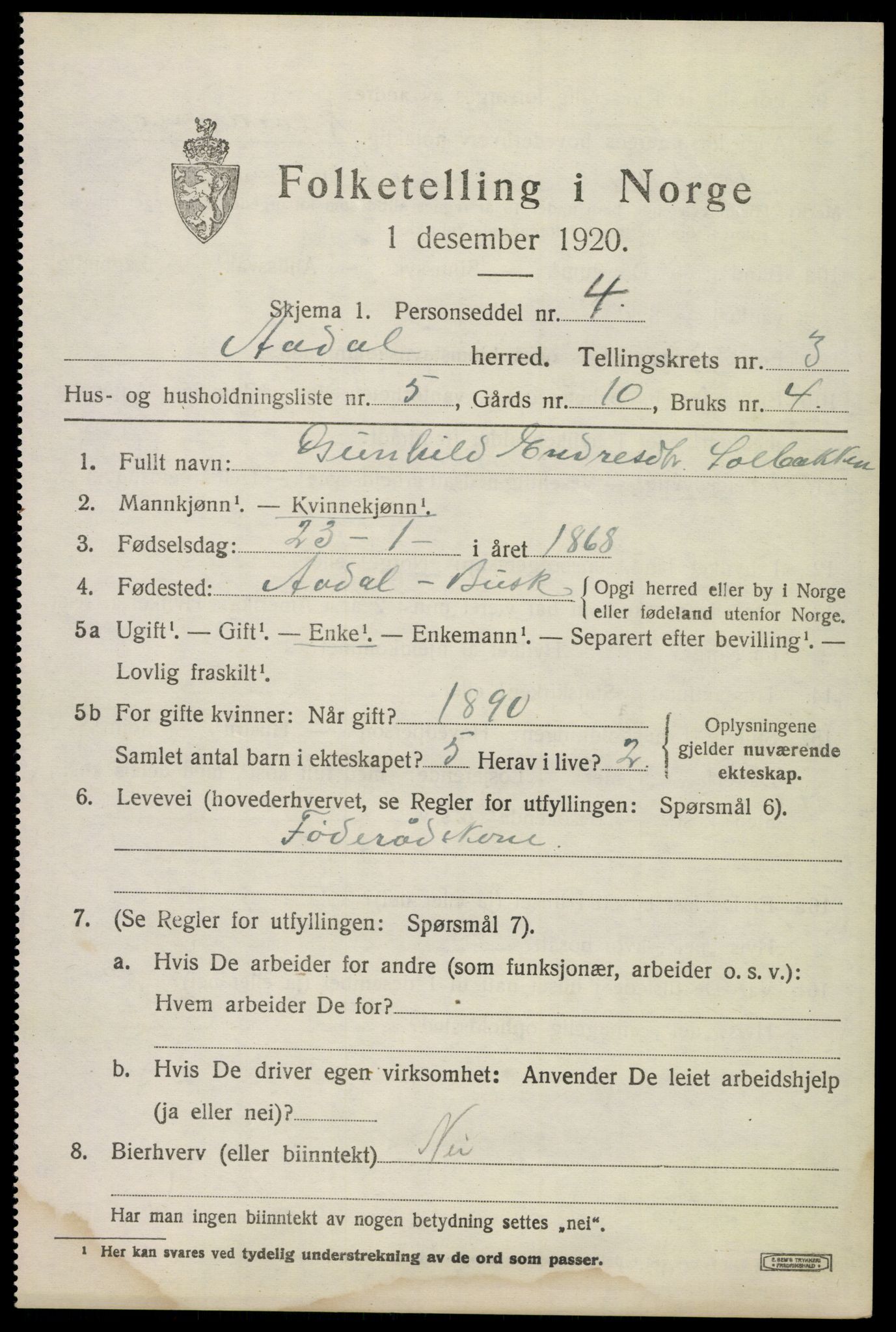 SAKO, 1920 census for Ådal, 1920, p. 3010