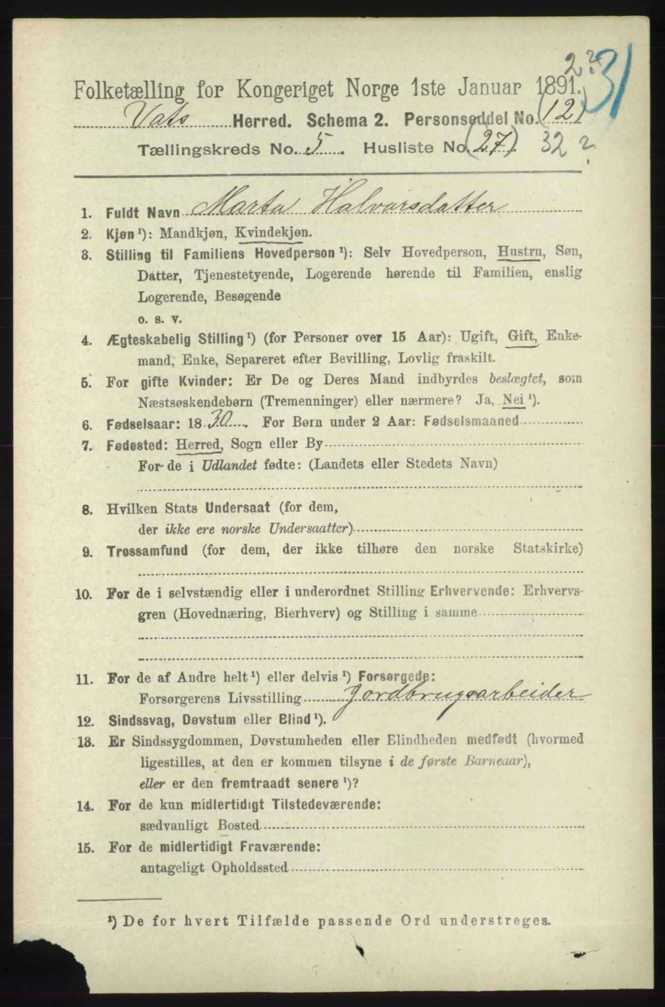 RA, 1891 census for 1155 Vats, 1891, p. 922