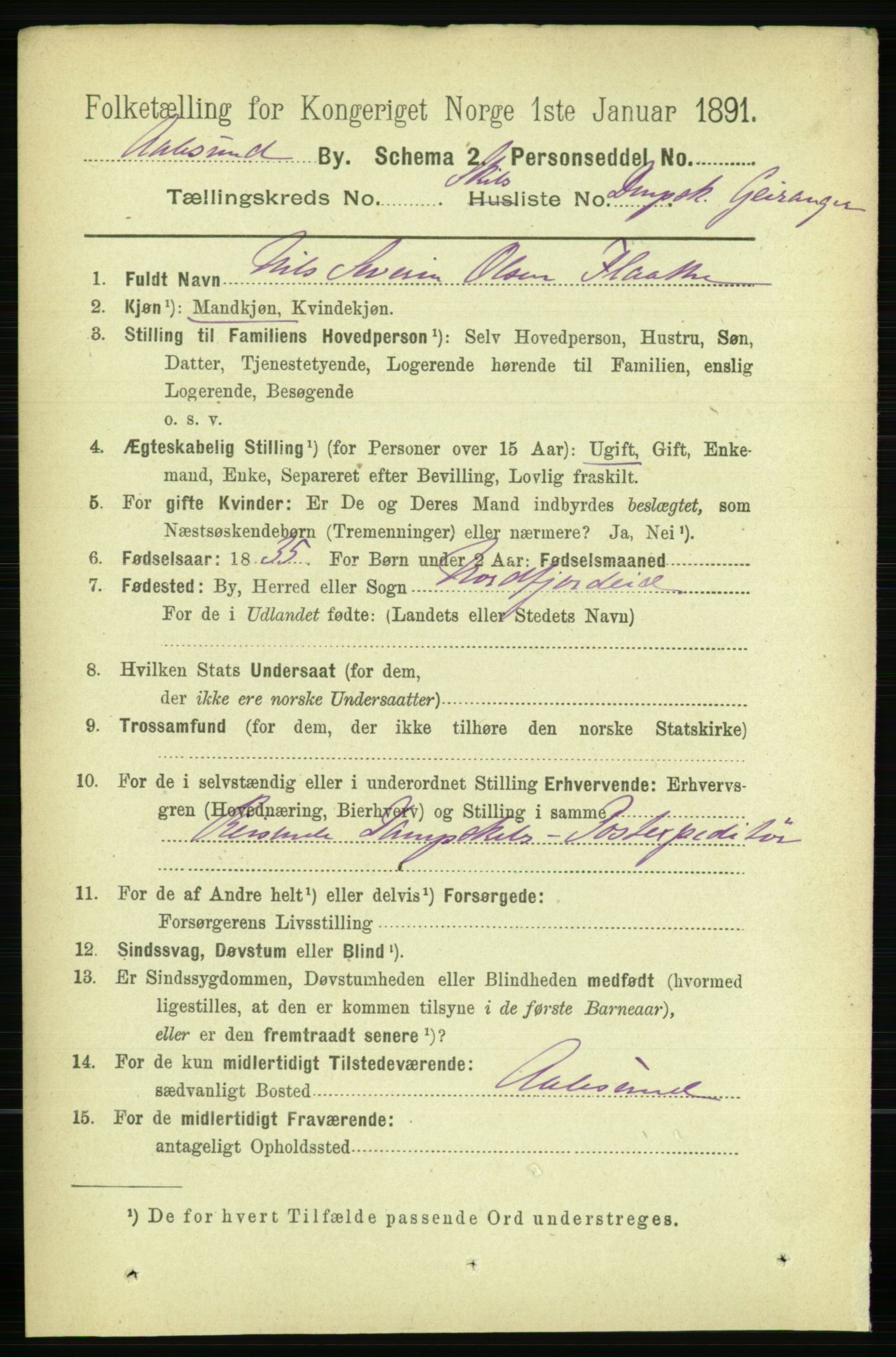 RA, 1891 census for 1501 Ålesund, 1891, p. 9889