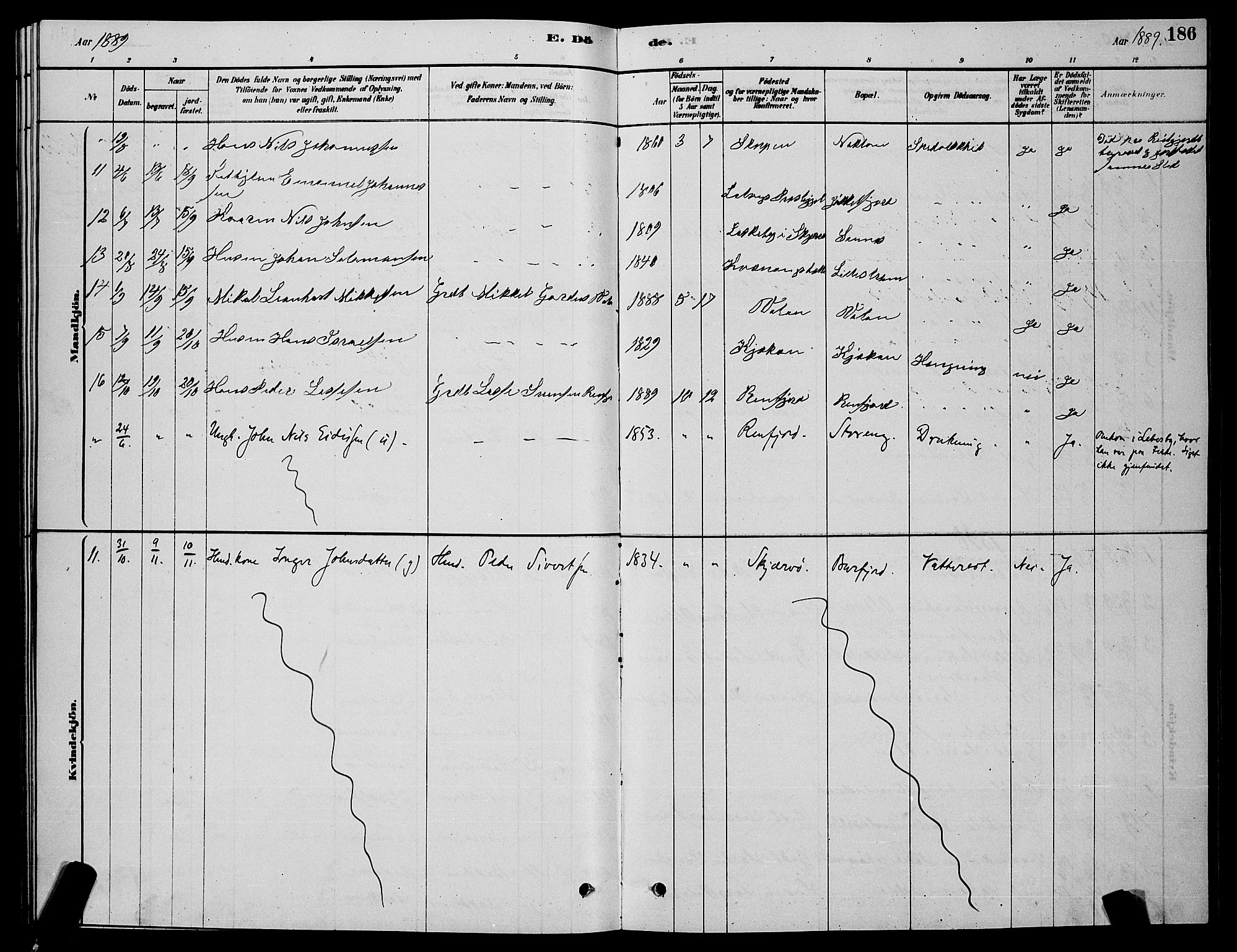 Skjervøy sokneprestkontor, AV/SATØ-S-1300/H/Ha/Hab/L0015klokker: Parish register (copy) no. 15, 1878-1890, p. 186