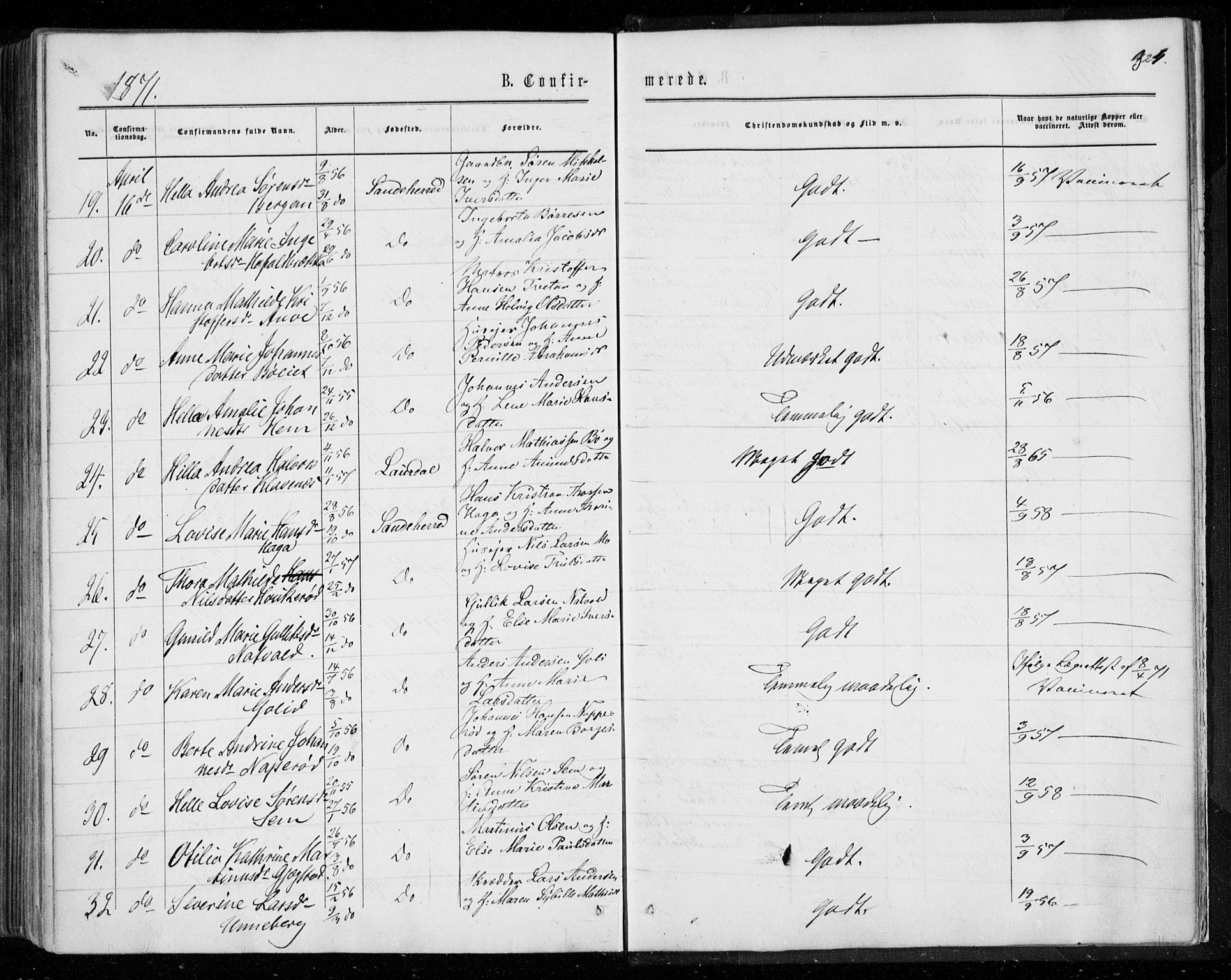 Sandar kirkebøker, AV/SAKO-A-243/F/Fa/L0008: Parish register (official) no. 8, 1862-1871, p. 324