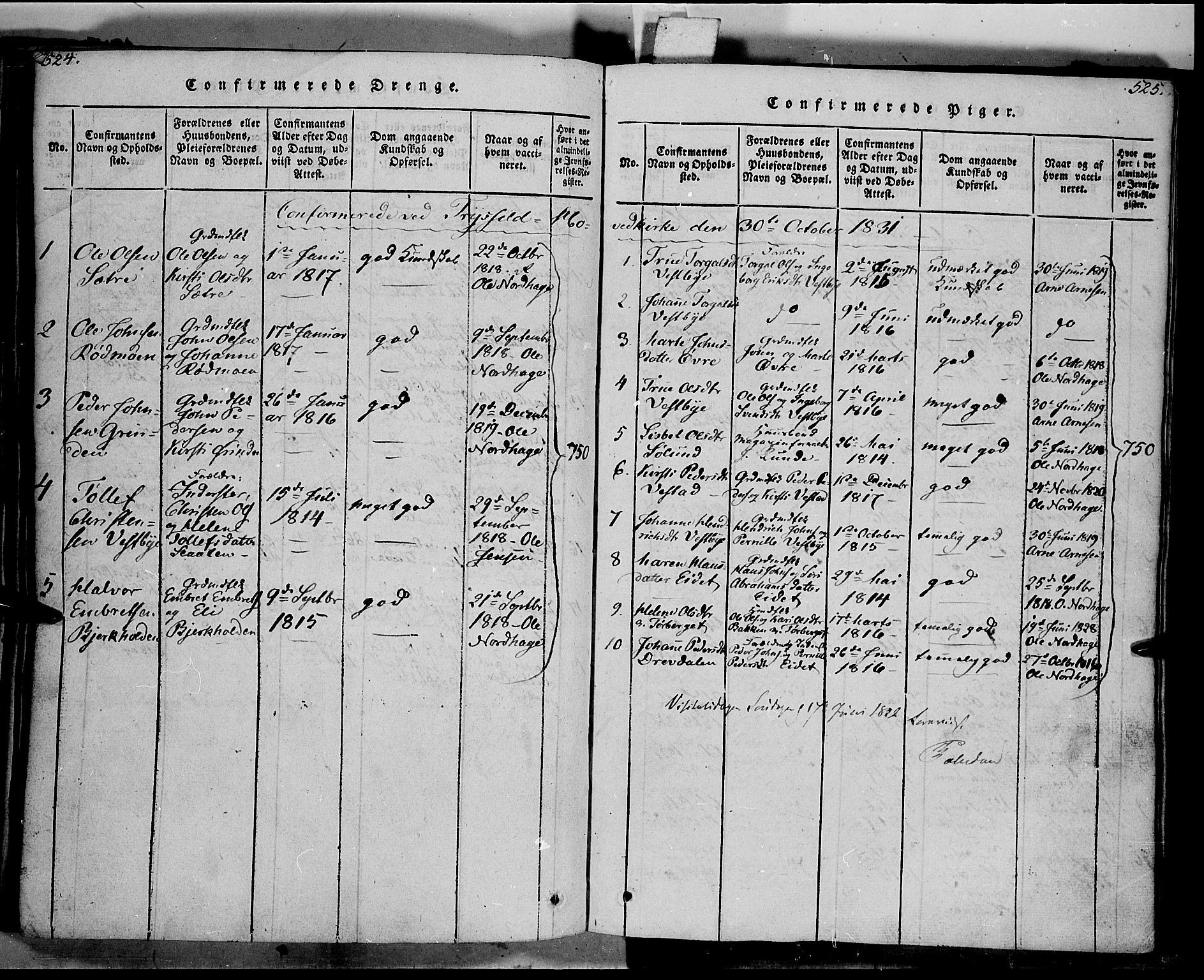 Trysil prestekontor, SAH/PREST-046/H/Ha/Haa/L0003: Parish register (official) no. 3 /1, 1814-1841, p. 524-525