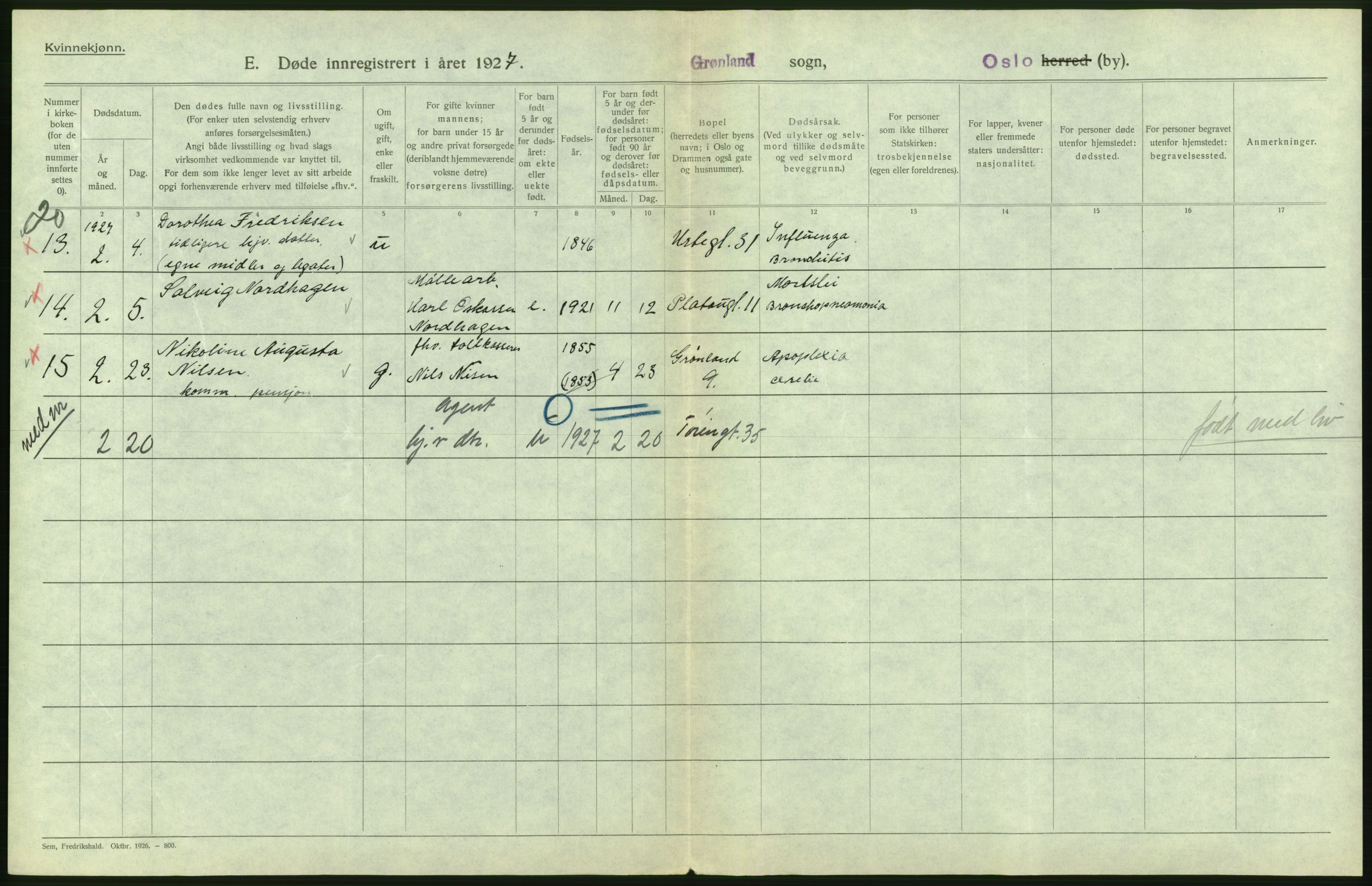 Statistisk sentralbyrå, Sosiodemografiske emner, Befolkning, AV/RA-S-2228/D/Df/Dfc/Dfcg/L0010: Oslo: Døde kvinner, dødfødte, 1927, p. 118