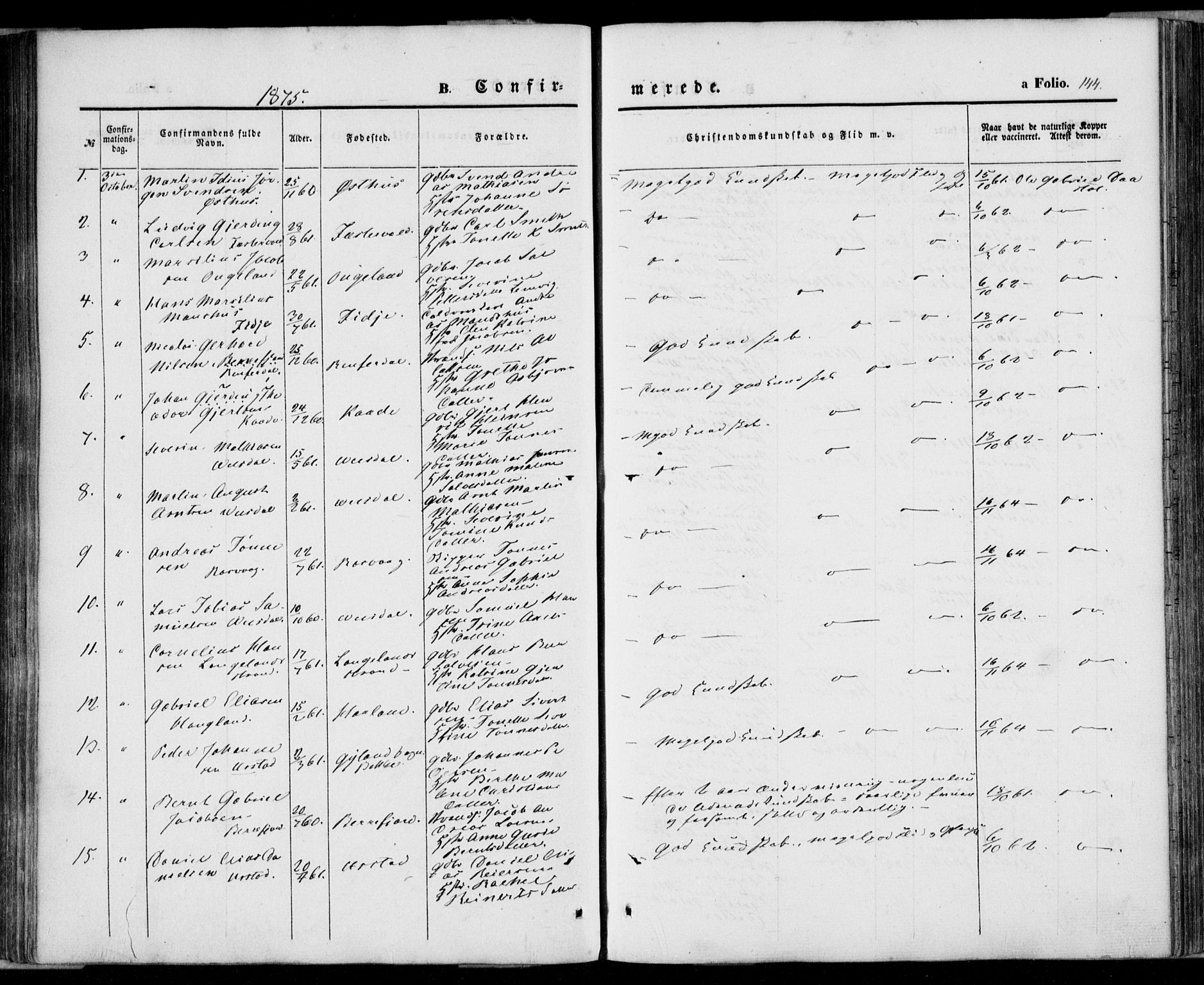 Flekkefjord sokneprestkontor, AV/SAK-1111-0012/F/Fa/Fab/L0004: Parish register (official) no. A 4, 1850-1875, p. 144