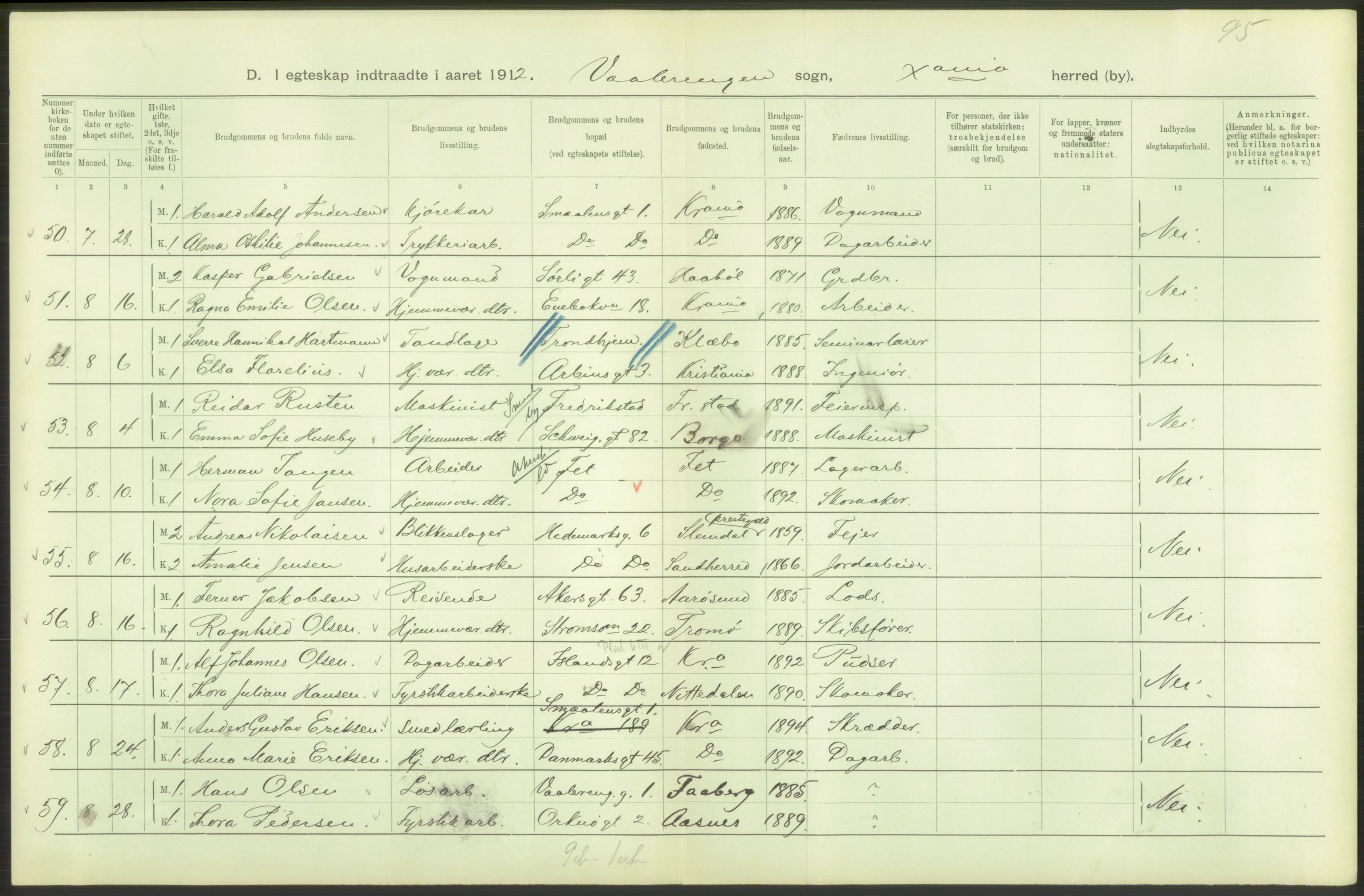 Statistisk sentralbyrå, Sosiodemografiske emner, Befolkning, AV/RA-S-2228/D/Df/Dfb/Dfbb/L0008: Kristiania: Gifte, 1912, p. 126