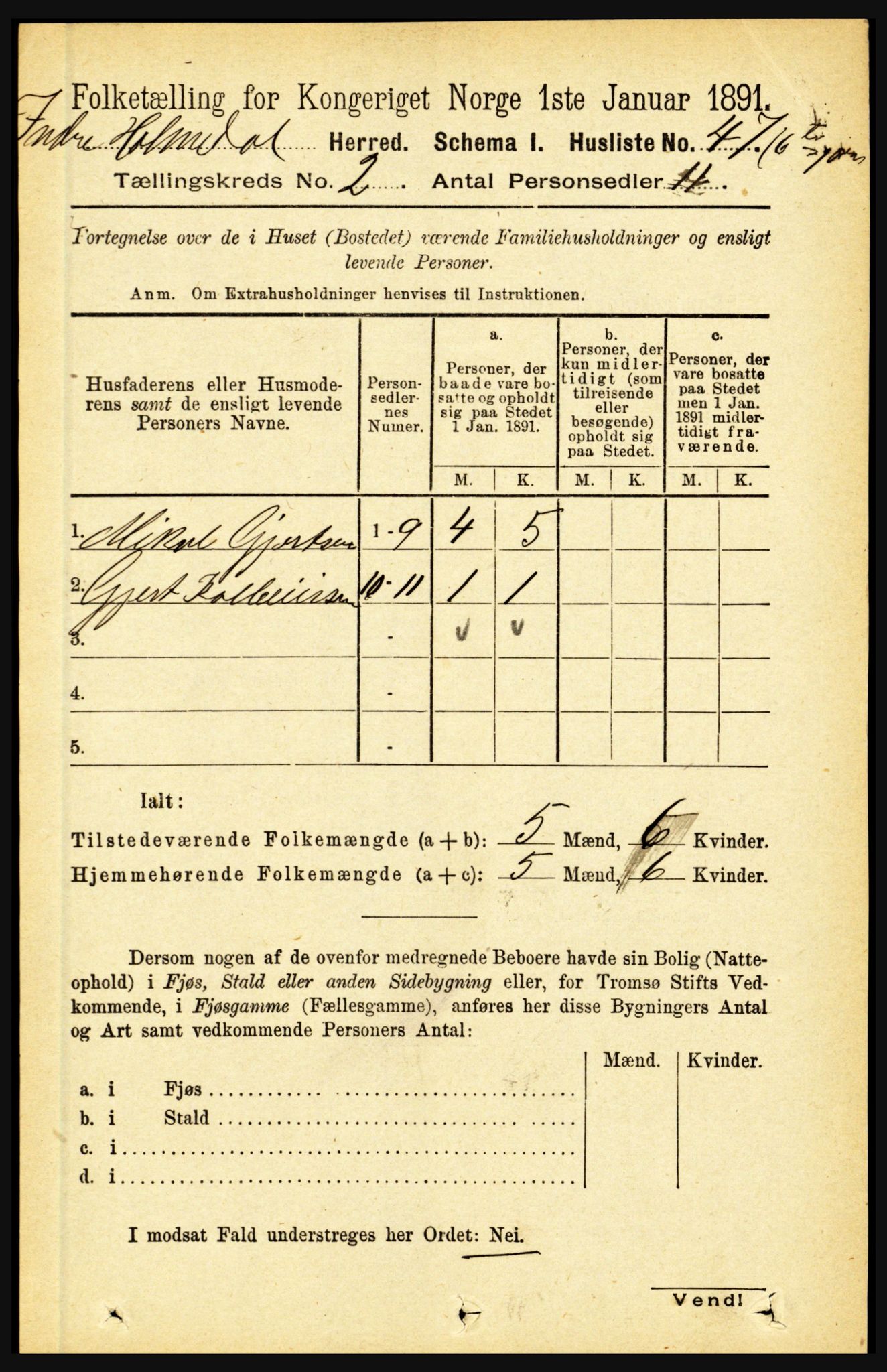 RA, 1891 census for 1430 Indre Holmedal, 1891, p. 448