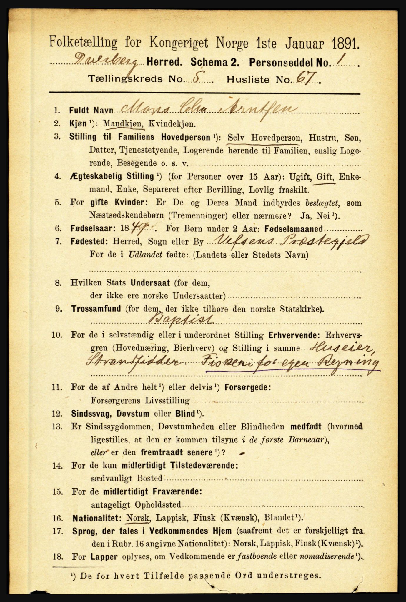 RA, 1891 census for 1872 Dverberg, 1891, p. 2016