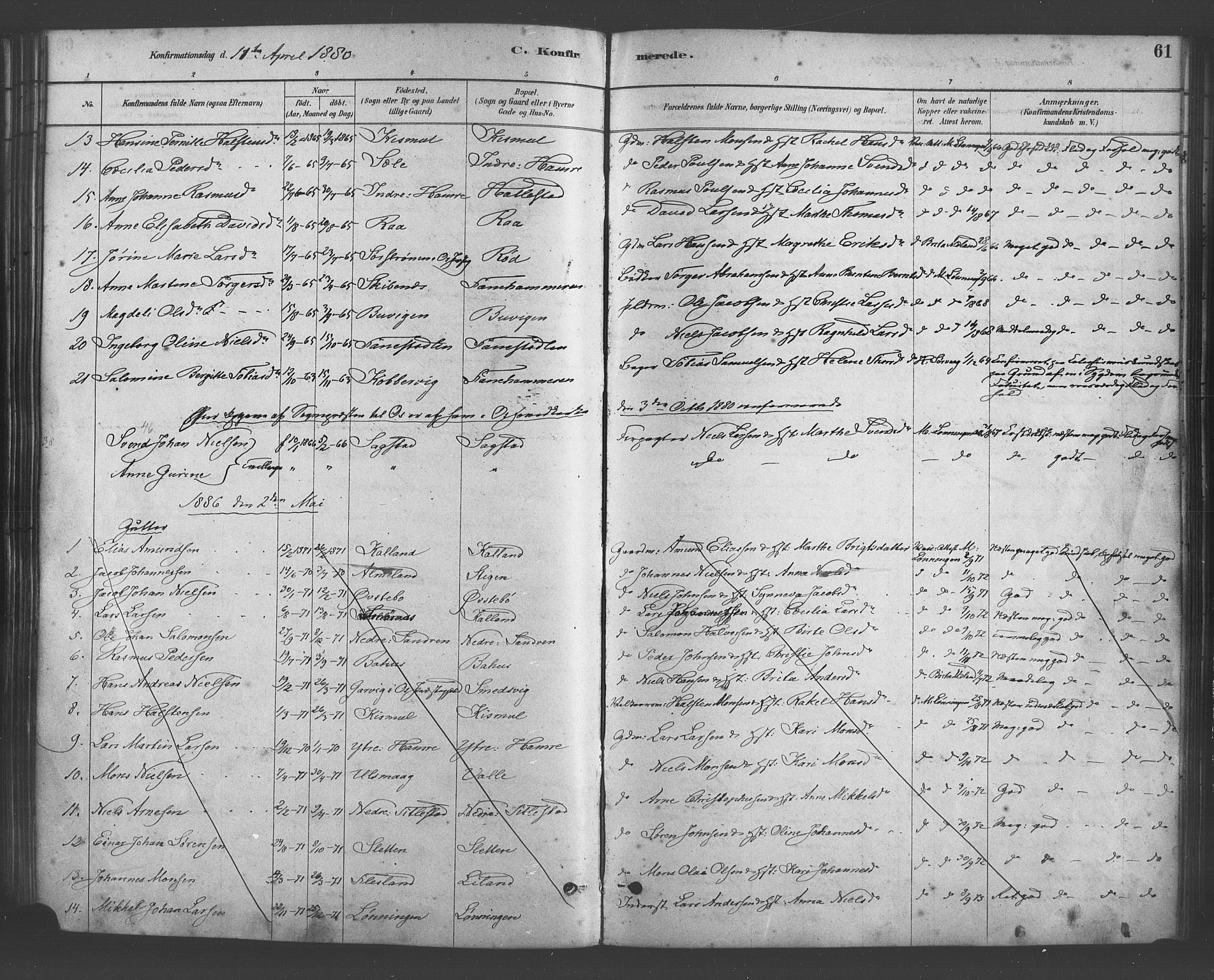 Fana Sokneprestembete, AV/SAB-A-75101/H/Haa/Haab/L0001: Parish register (official) no. B 1, 1878-1889, p. 61