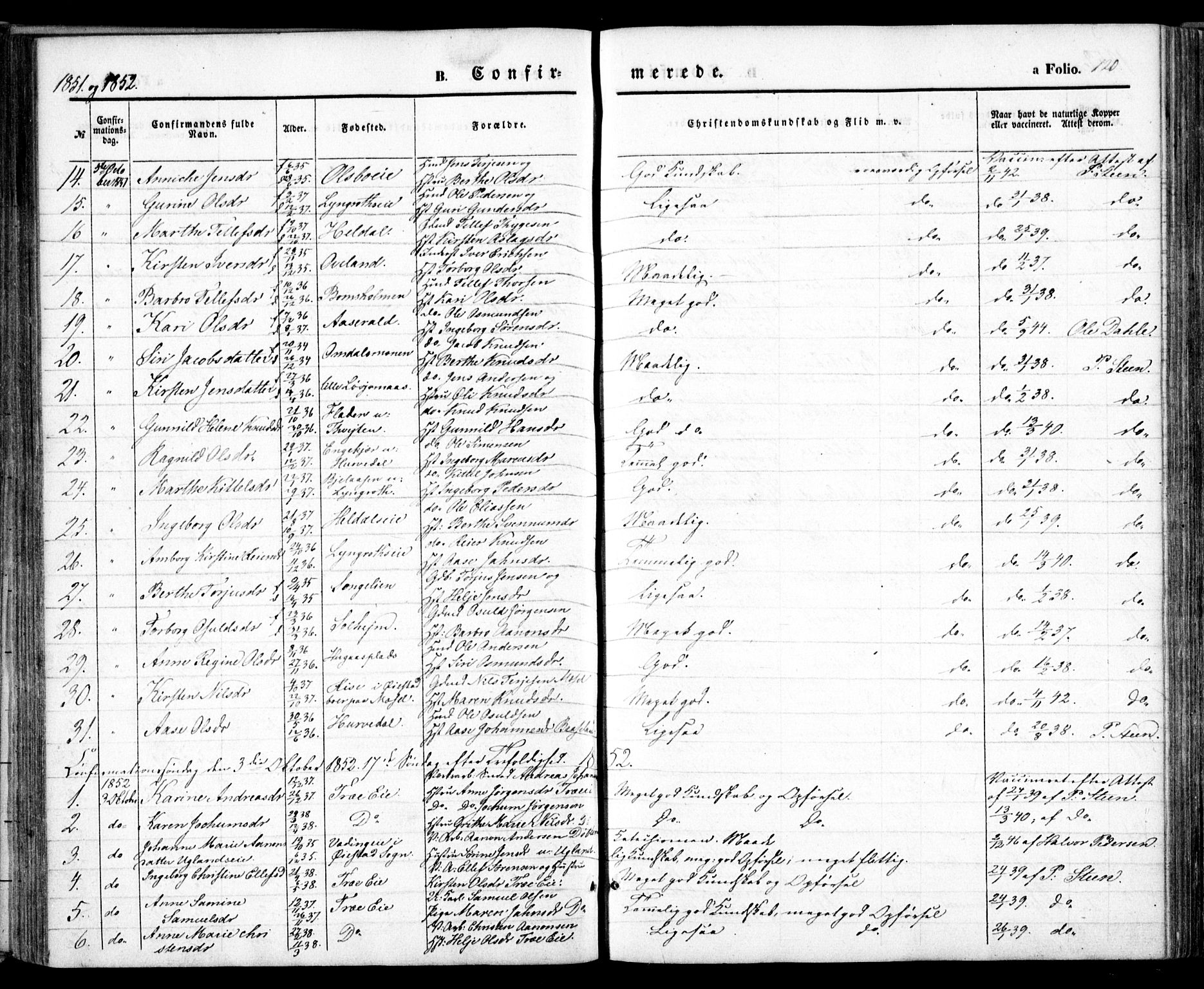 Froland sokneprestkontor, SAK/1111-0013/F/Fa/L0002: Parish register (official) no. A 2, 1845-1863, p. 120