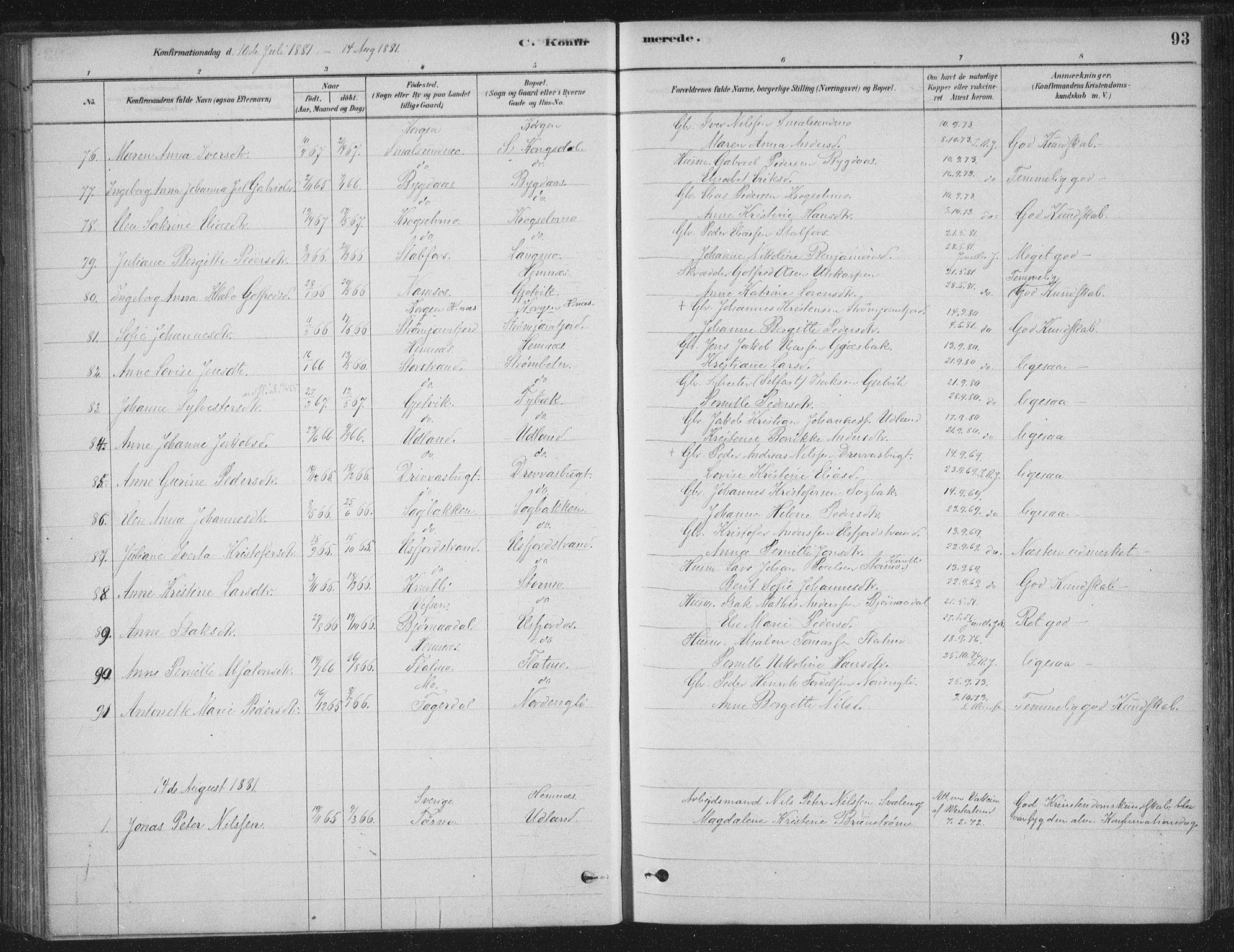 Ministerialprotokoller, klokkerbøker og fødselsregistre - Nordland, AV/SAT-A-1459/825/L0361: Parish register (official) no. 825A15, 1878-1893, p. 93