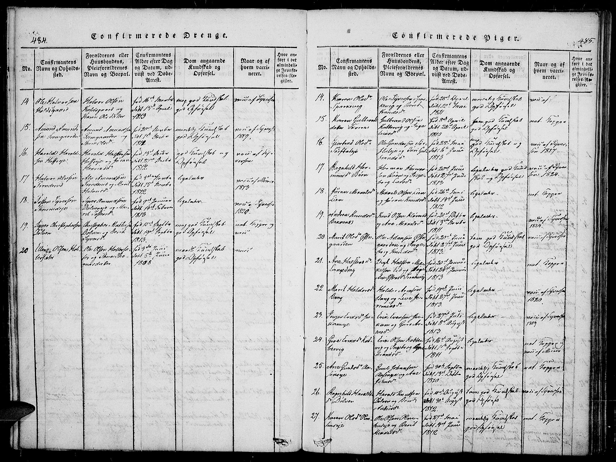 Sør-Aurdal prestekontor, SAH/PREST-128/H/Ha/Haa/L0003: Parish register (official) no. 3, 1825-1840, p. 484-485