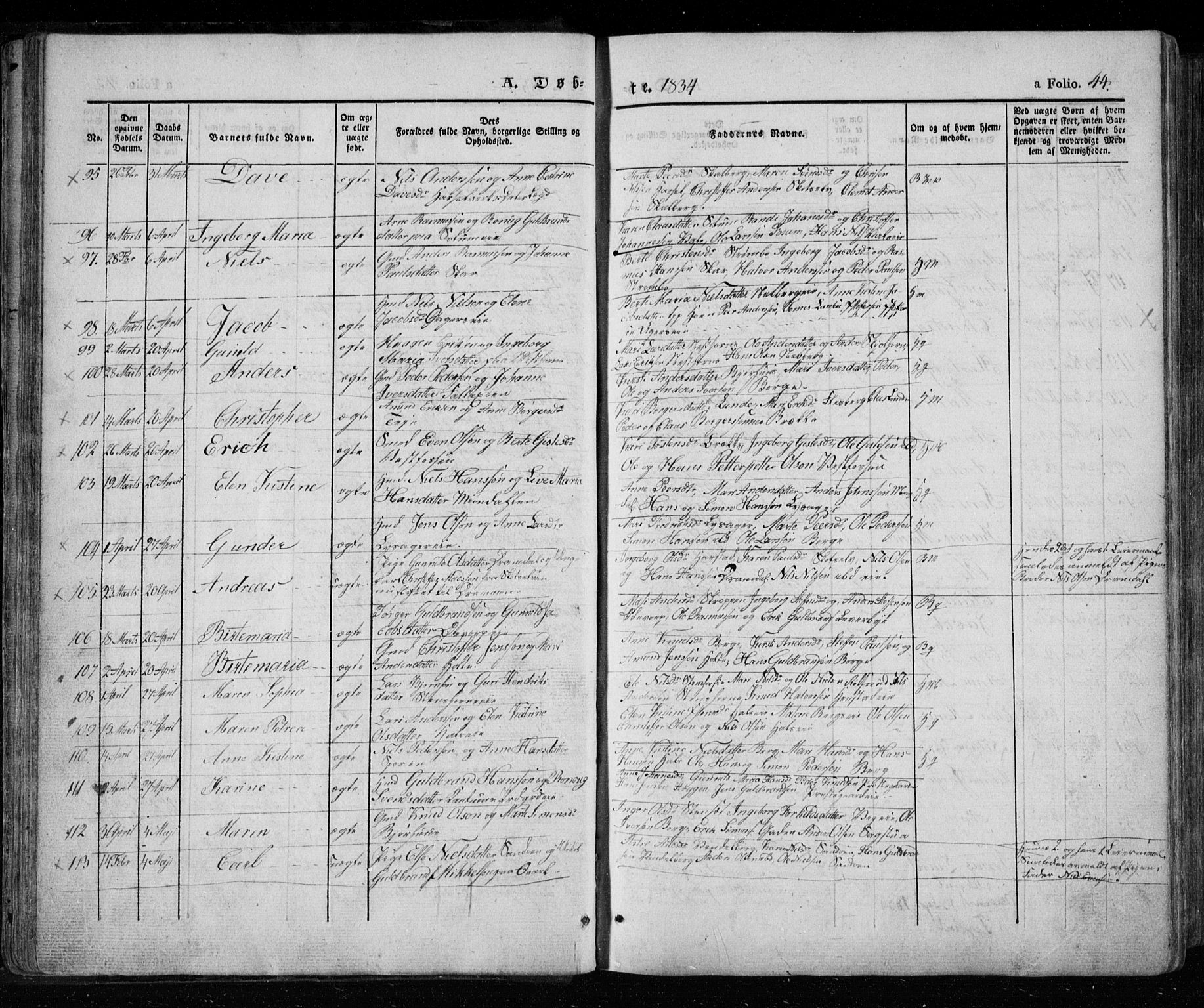 Eiker kirkebøker, SAKO/A-4/F/Fa/L0013a: Parish register (official) no. I 13A, 1832-1845, p. 44