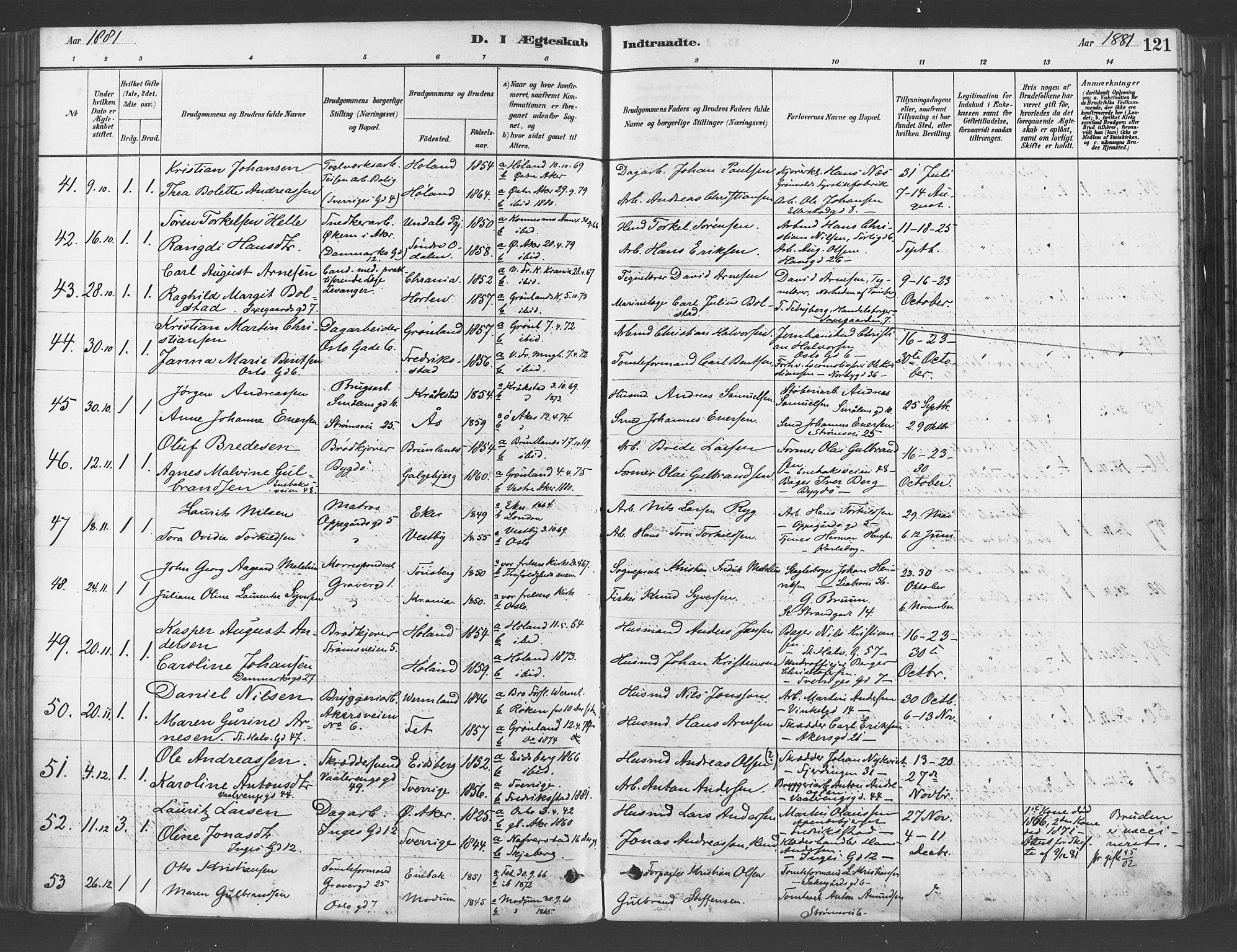 Gamlebyen prestekontor Kirkebøker, AV/SAO-A-10884/F/Fa/L0006: Parish register (official) no. 6, 1881-1890, p. 121