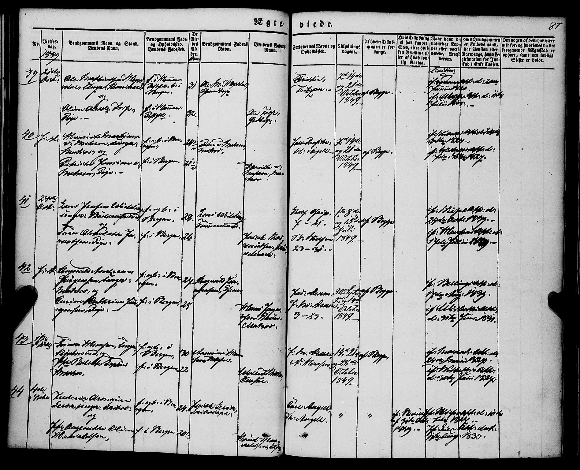 Nykirken Sokneprestembete, AV/SAB-A-77101/H/Haa/L0031: Parish register (official) no. D 1, 1834-1861, p. 87