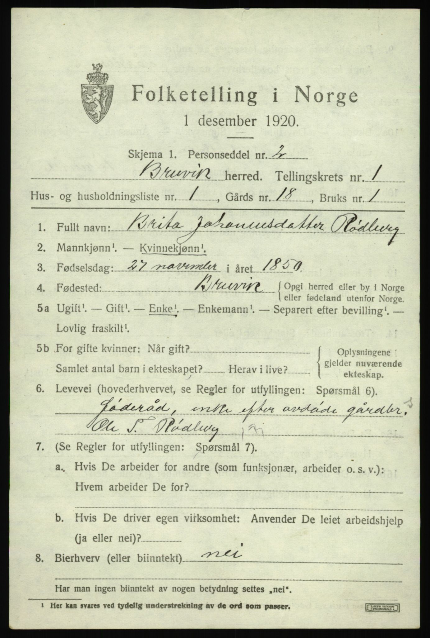 SAB, 1920 census for Bruvik, 1920, p. 1100