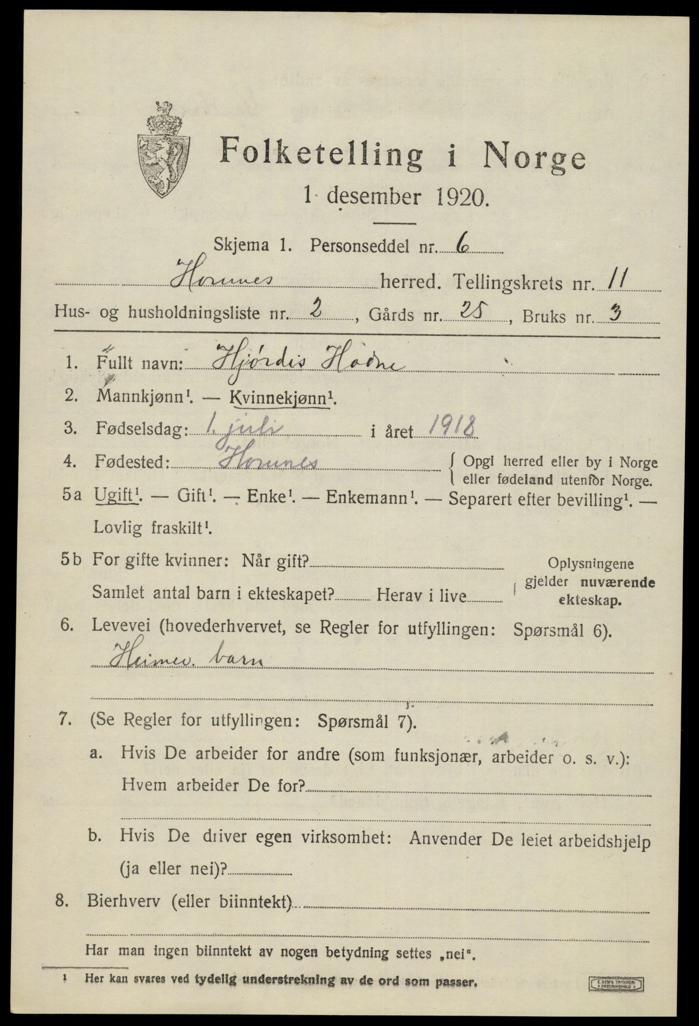SAK, 1920 census for Hornnes, 1920, p. 2655