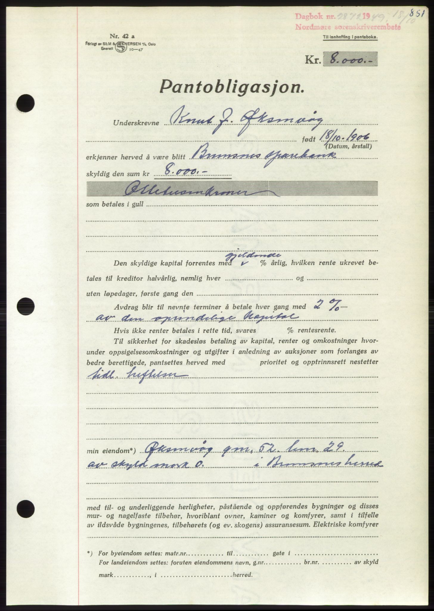 Nordmøre sorenskriveri, AV/SAT-A-4132/1/2/2Ca: Mortgage book no. B102, 1949-1949, Diary no: : 2872/1949