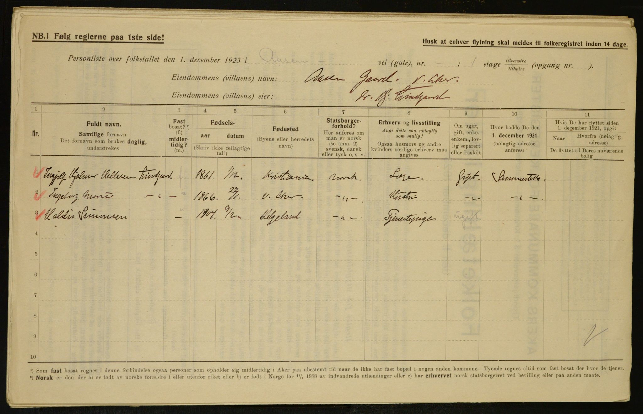 , Municipal Census 1923 for Aker, 1923, p. 7392