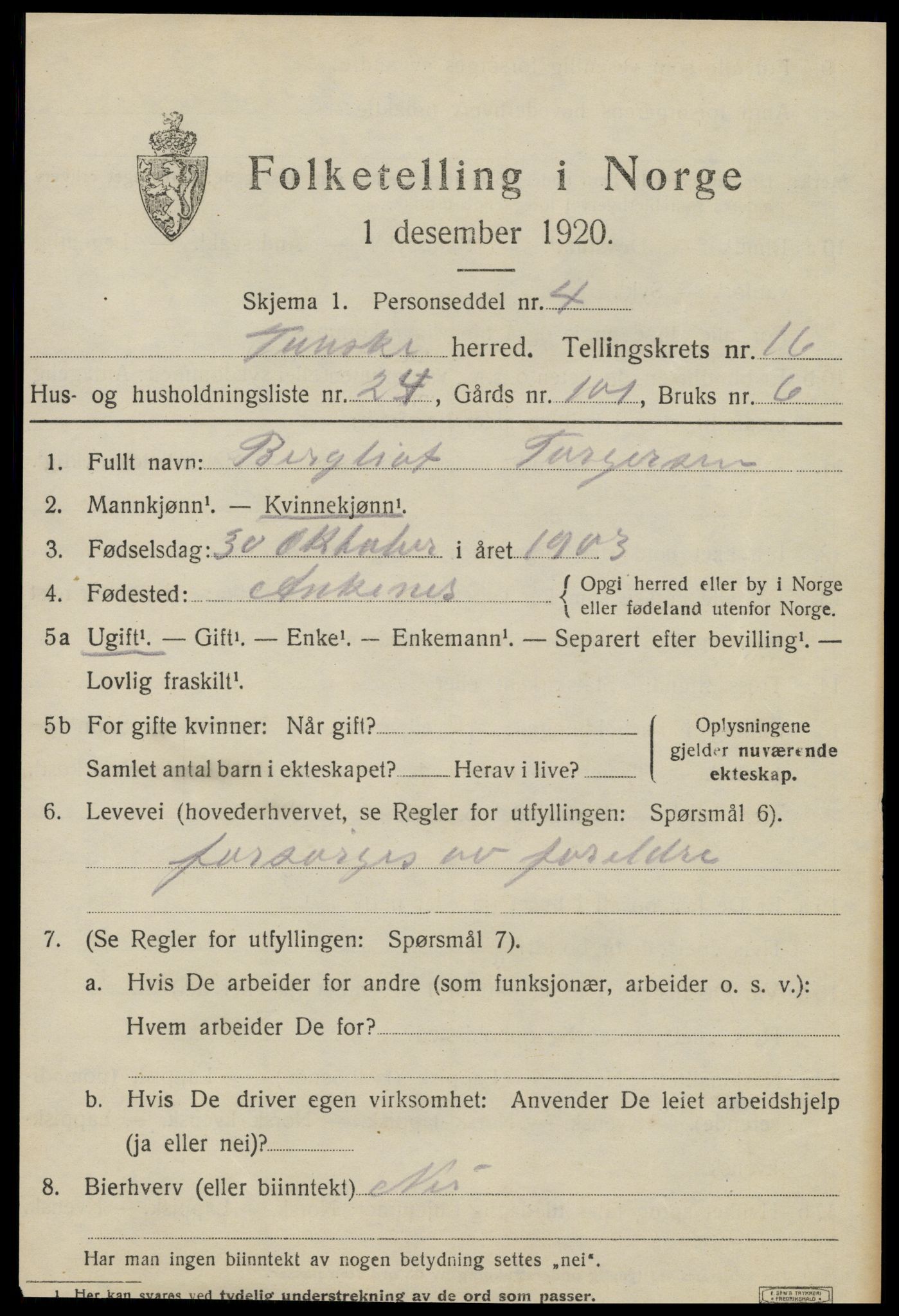 SAT, 1920 census for Fauske, 1920, p. 10100