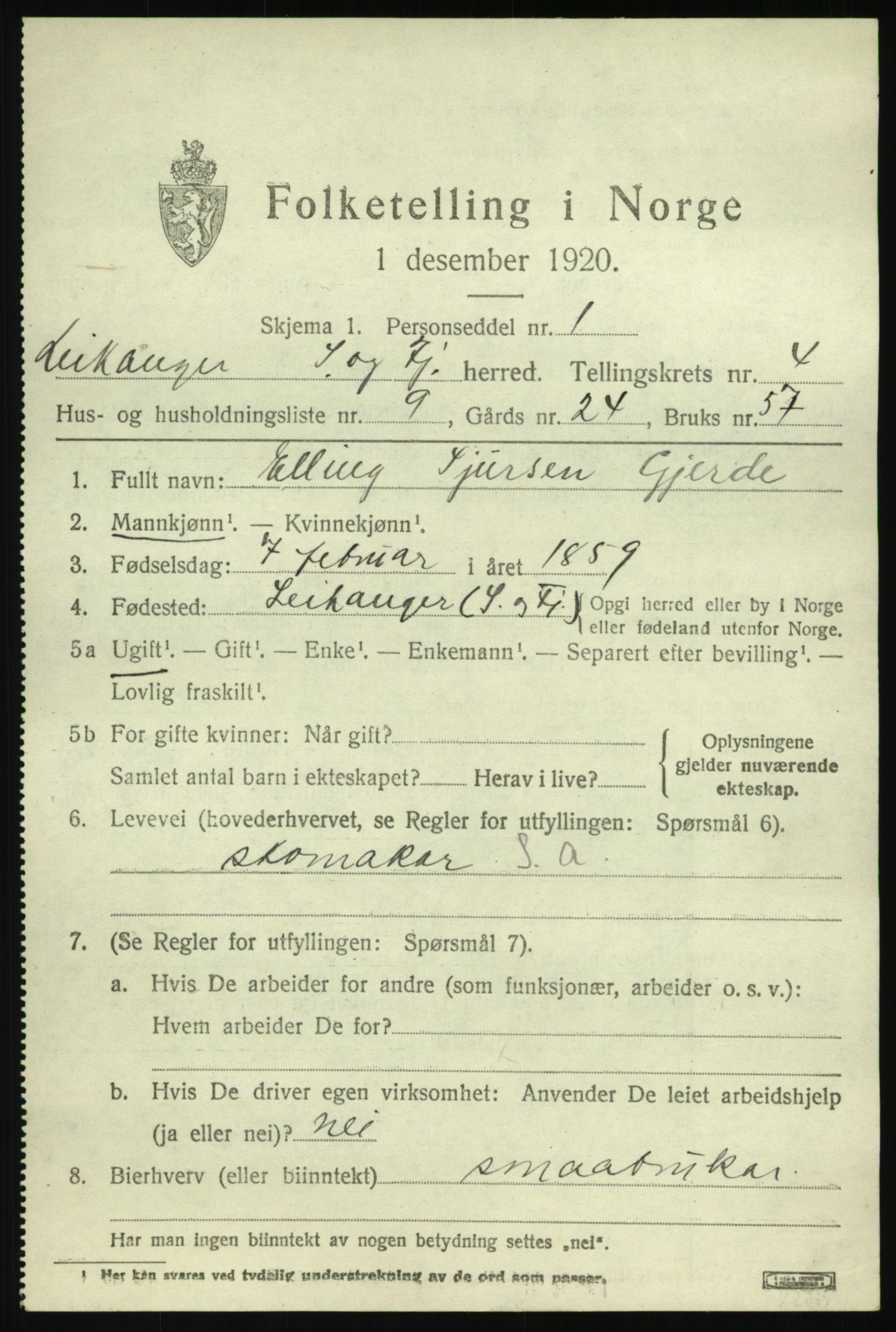 SAB, 1920 census for Leikanger, 1920, p. 2932