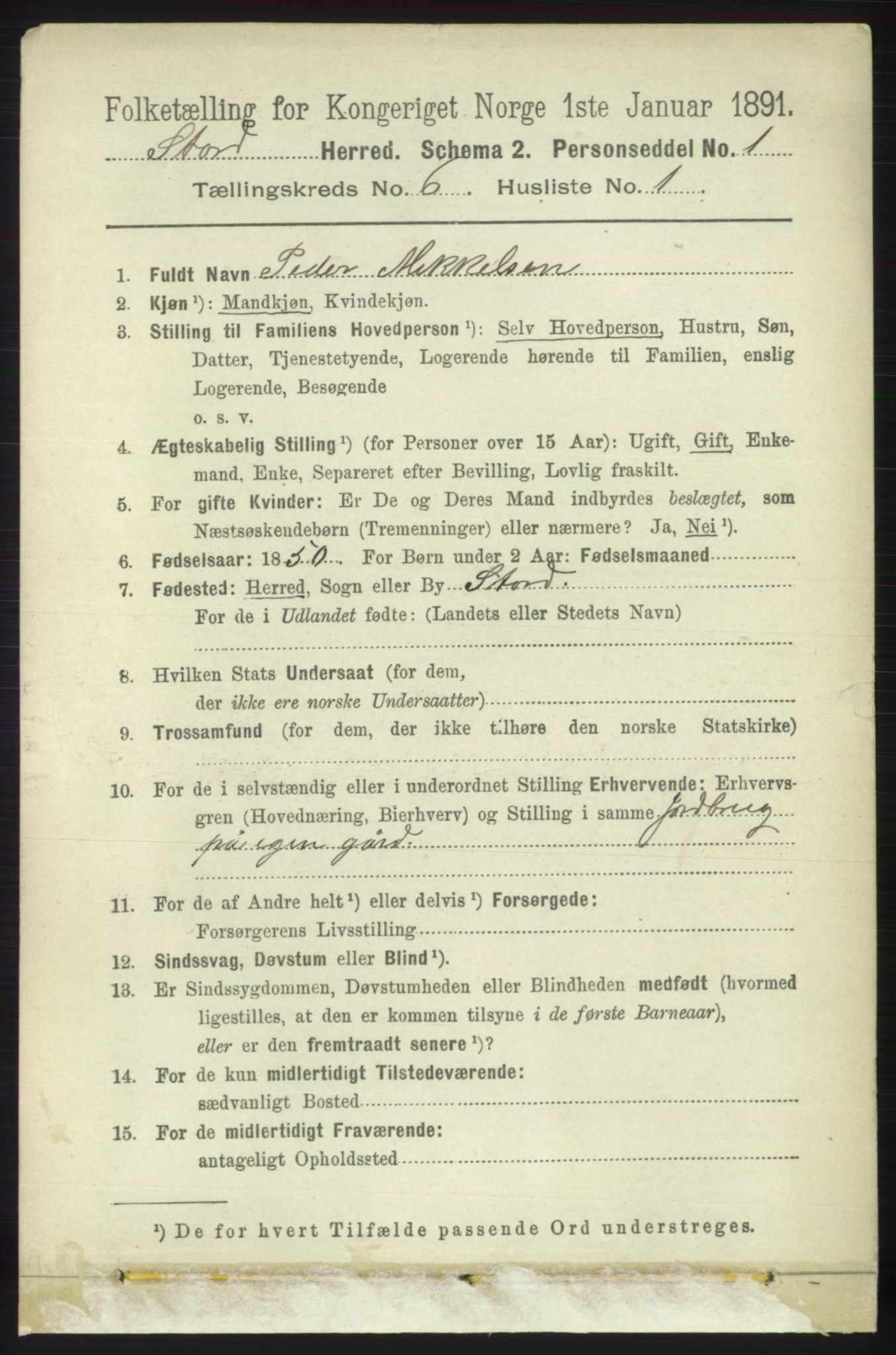 RA, 1891 census for 1221 Stord, 1891, p. 2164