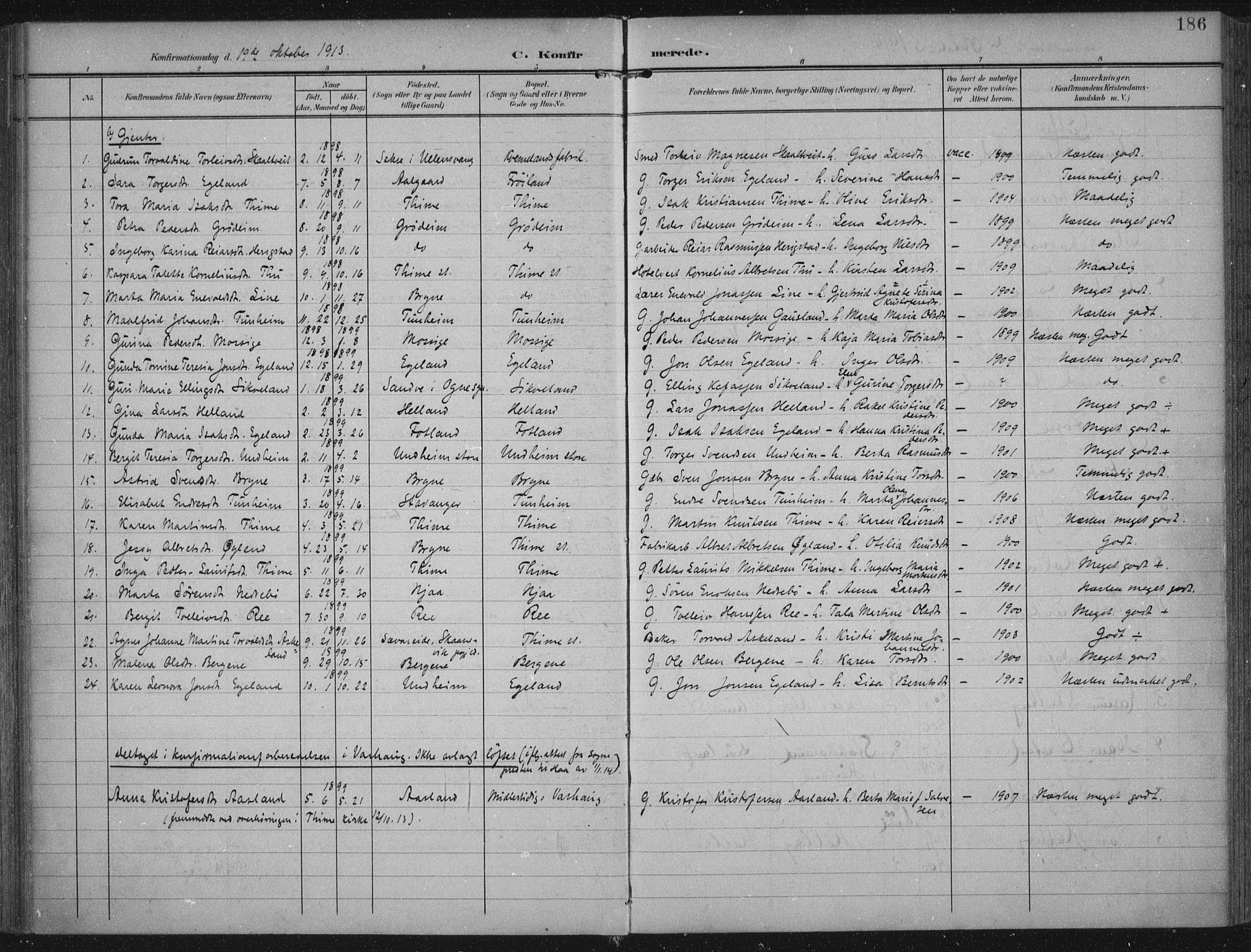 Lye sokneprestkontor, AV/SAST-A-101794/002/A/L0001: Parish register (official) no. A 12, 1904-1920, p. 186