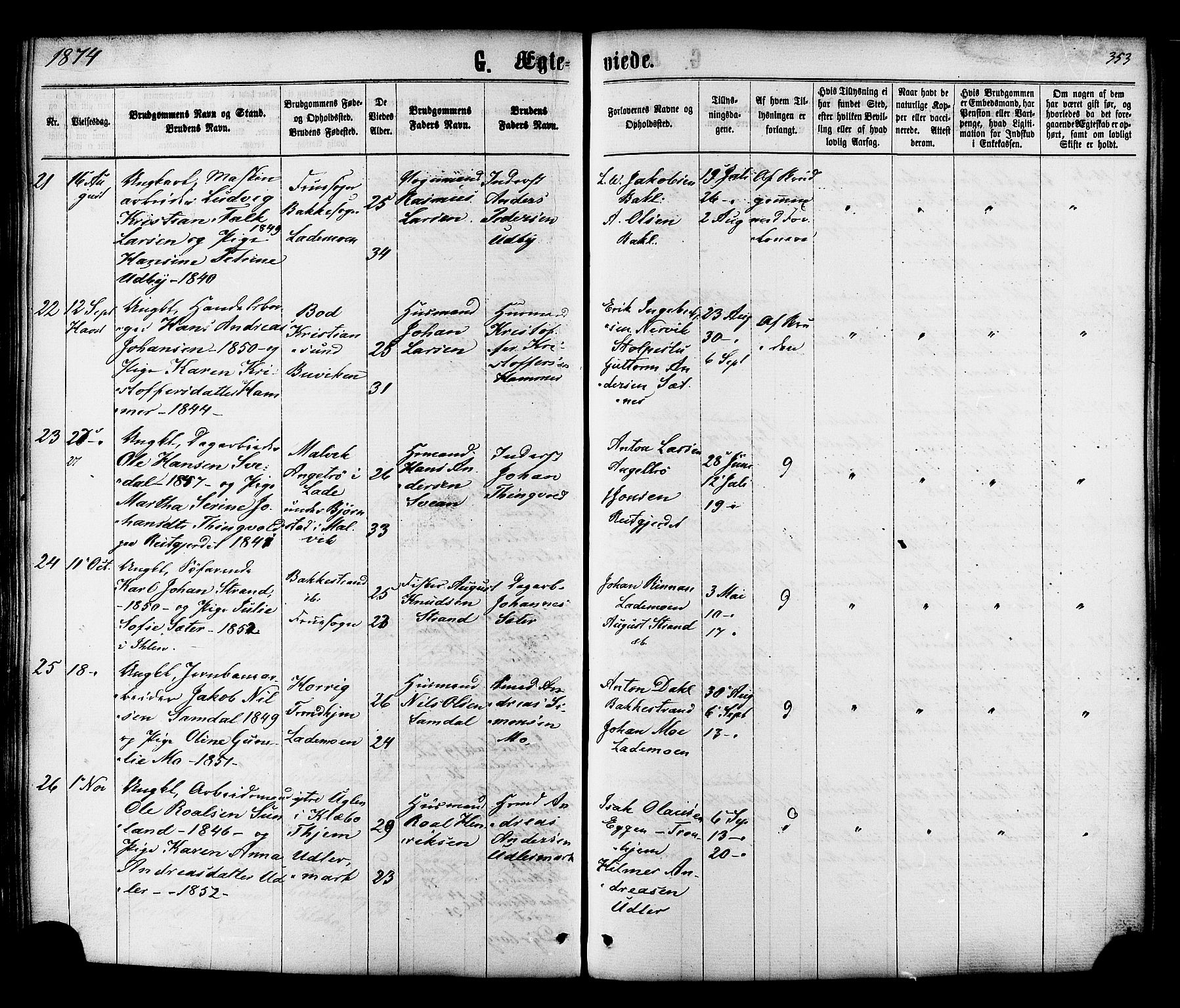 Ministerialprotokoller, klokkerbøker og fødselsregistre - Sør-Trøndelag, AV/SAT-A-1456/606/L0293: Parish register (official) no. 606A08, 1866-1877, p. 353