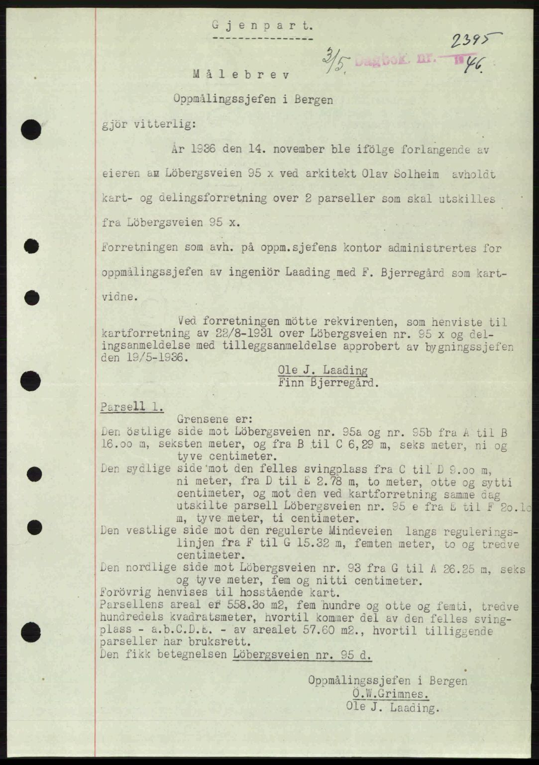 Byfogd og Byskriver i Bergen, SAB/A-3401/03/03Bc/L0022: Mortgage book no. A18, 1946-1946, Diary no: : 2395/1946