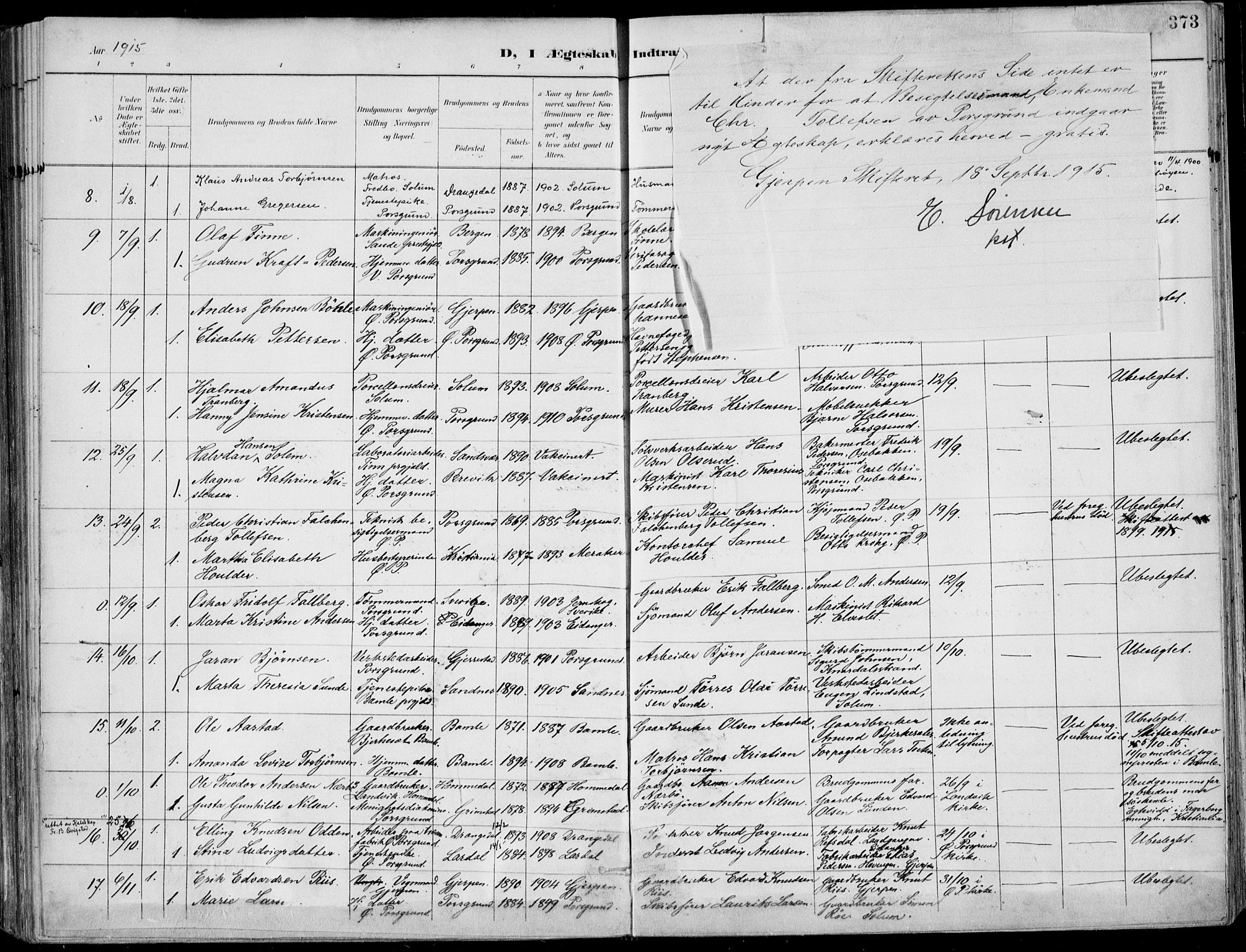 Porsgrunn kirkebøker , AV/SAKO-A-104/F/Fa/L0011: Parish register (official) no. 11, 1895-1919, p. 373