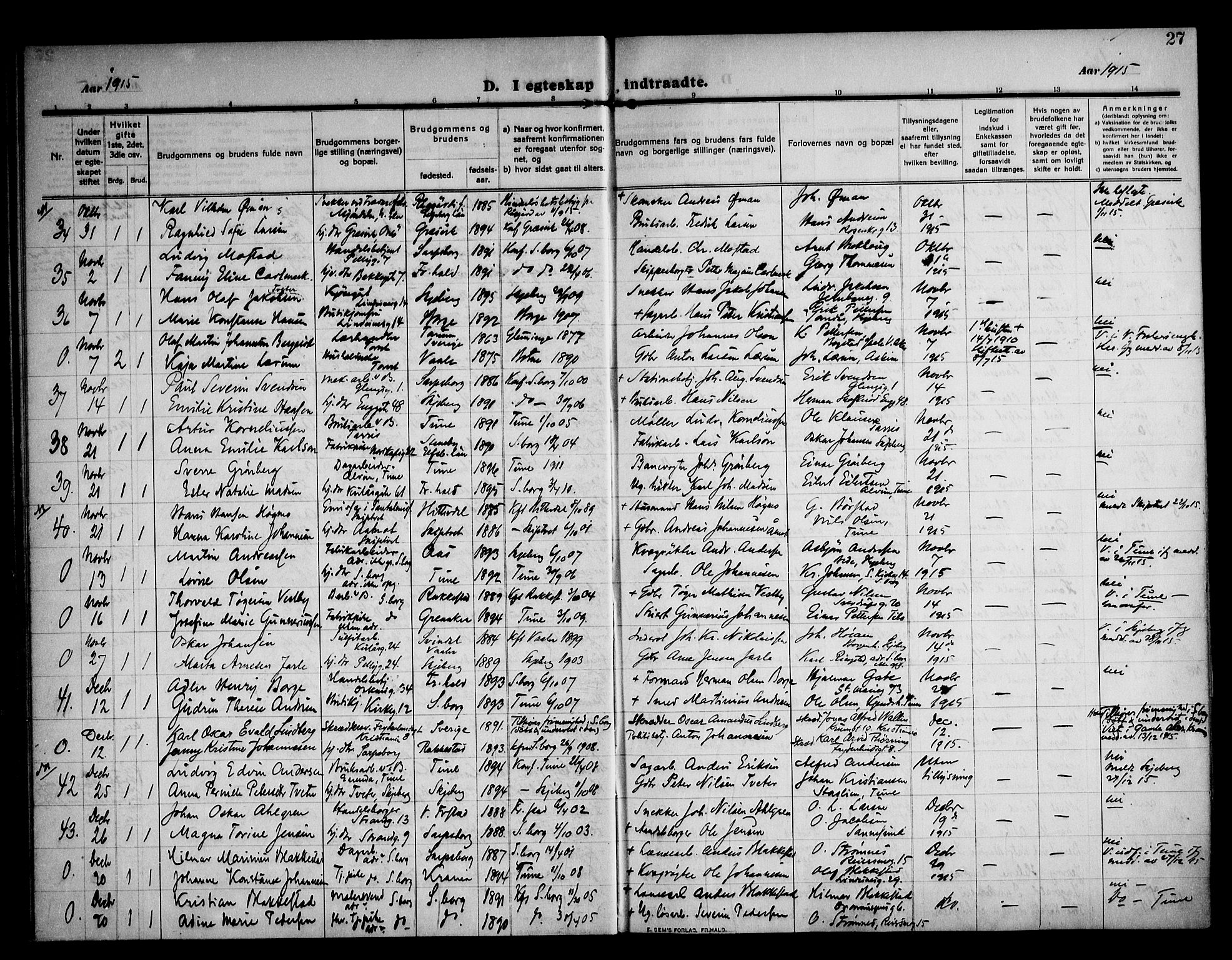 Sarpsborg prestekontor Kirkebøker, AV/SAO-A-2006/F/Fa/L0007: Parish register (official) no. 7, 1910-1918, p. 27