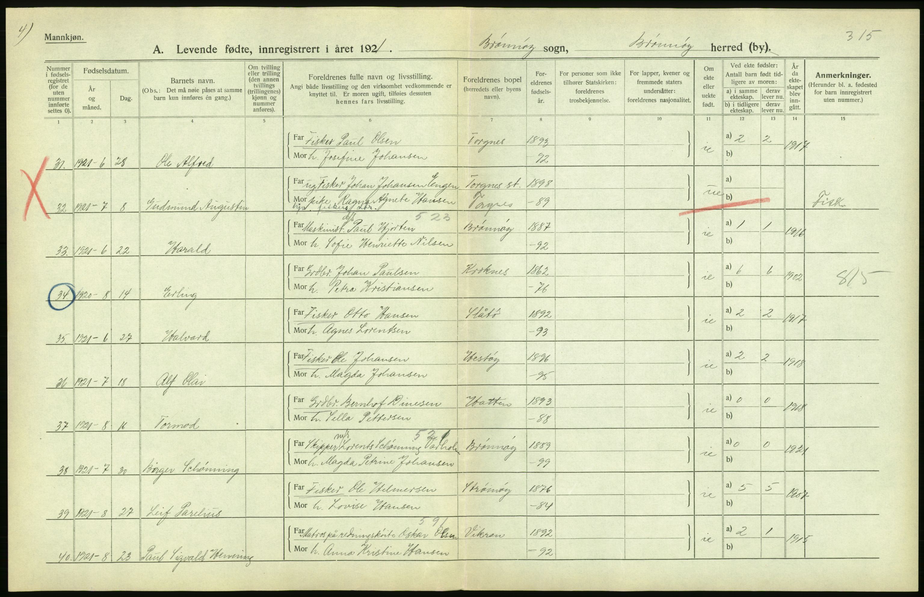 Statistisk sentralbyrå, Sosiodemografiske emner, Befolkning, AV/RA-S-2228/D/Df/Dfc/Dfca/L0049: Nordland fylke: Levendefødte menn og kvinner. Bygder., 1921, p. 478