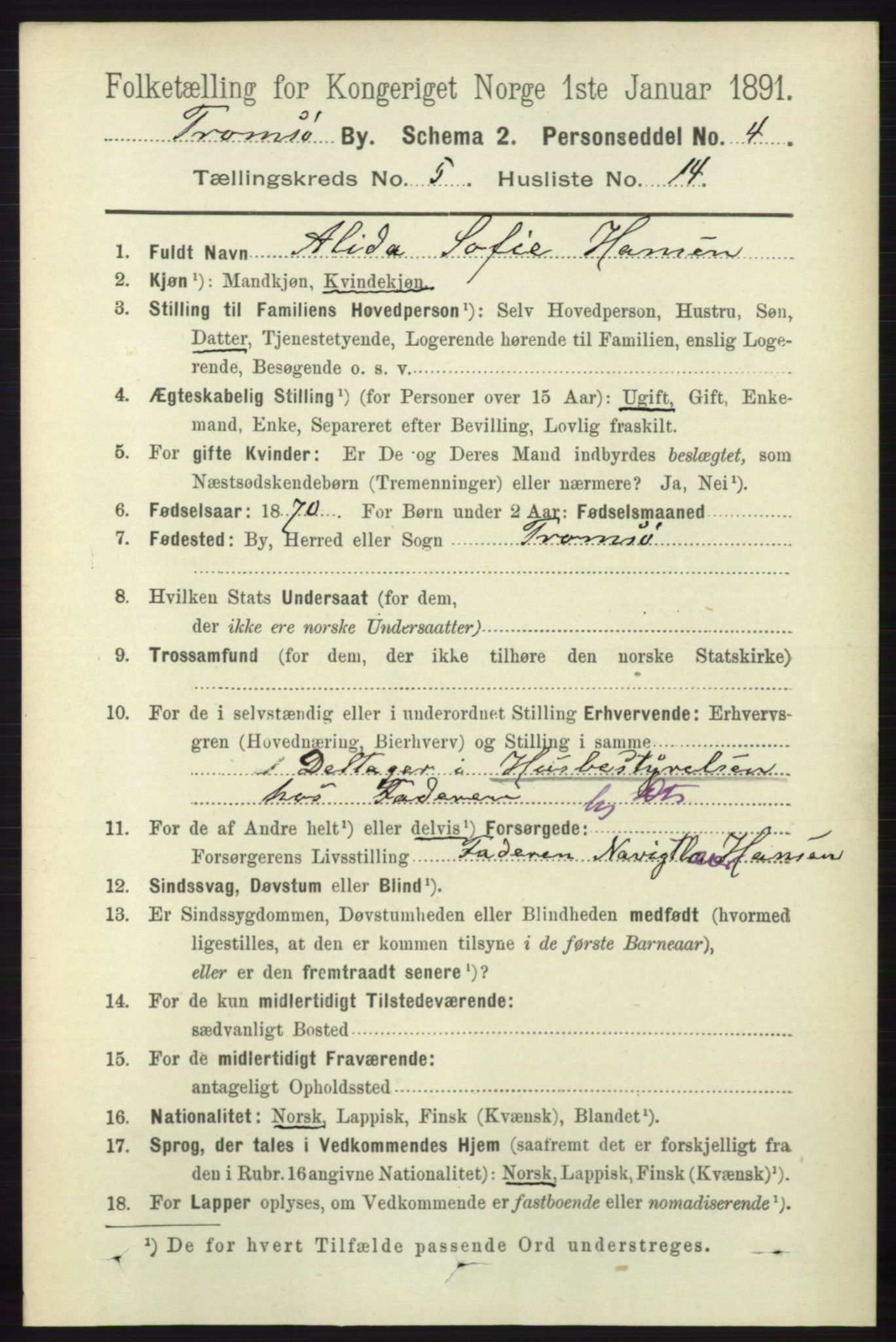 RA, 1891 census for 1902 Tromsø, 1891, p. 4985