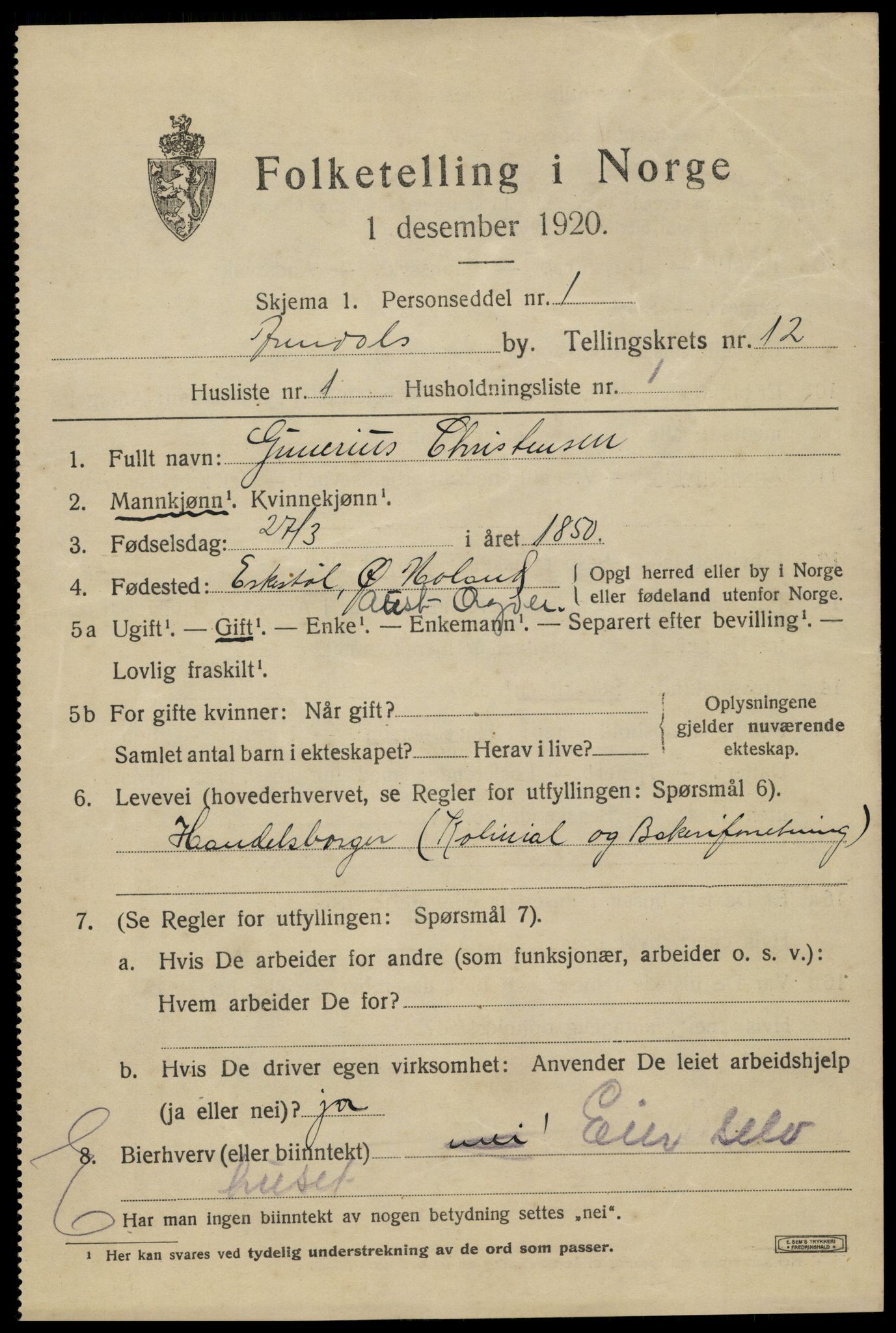 SAK, 1920 census for Arendal, 1920, p. 19050