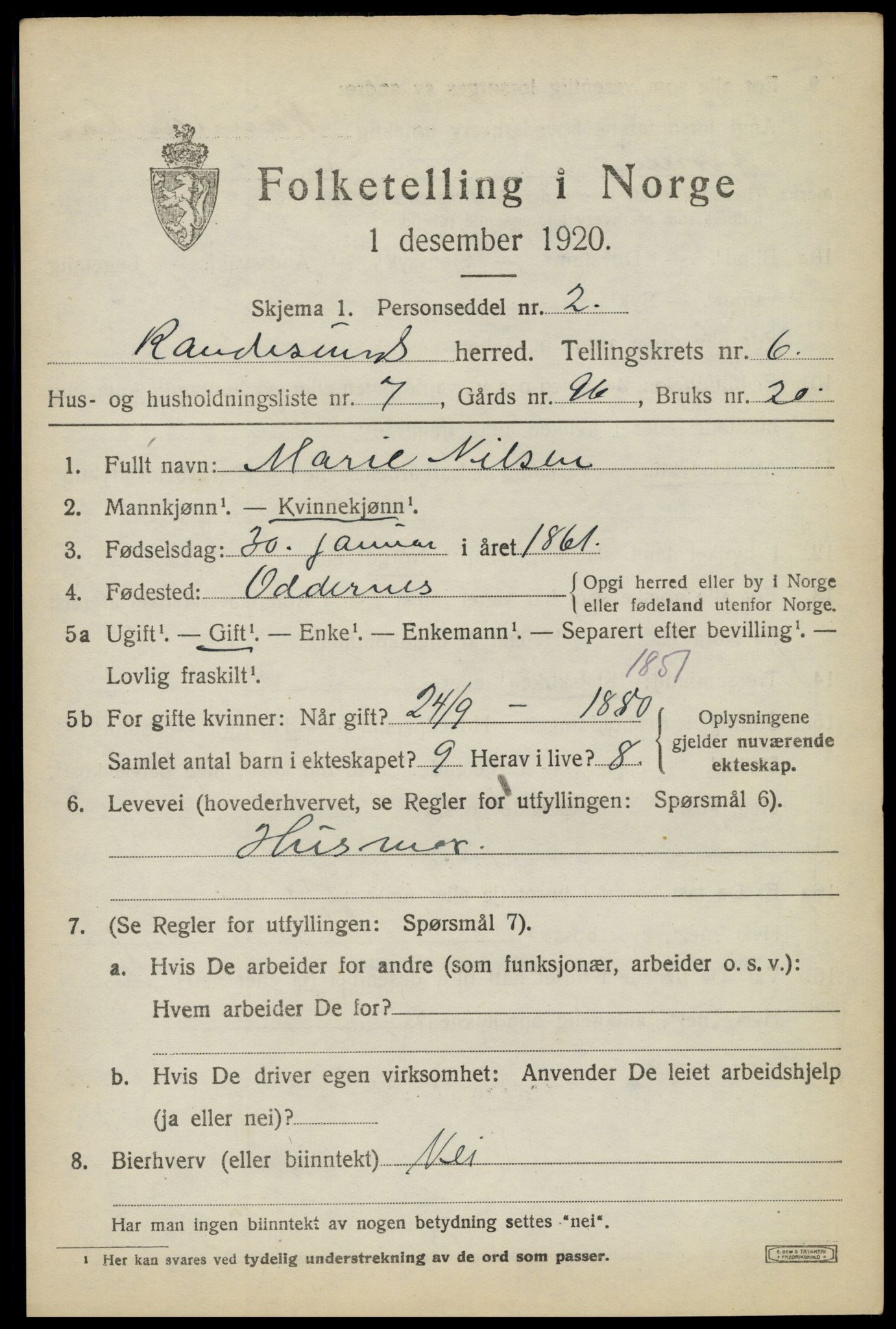 SAK, 1920 census for Randesund, 1920, p. 2790