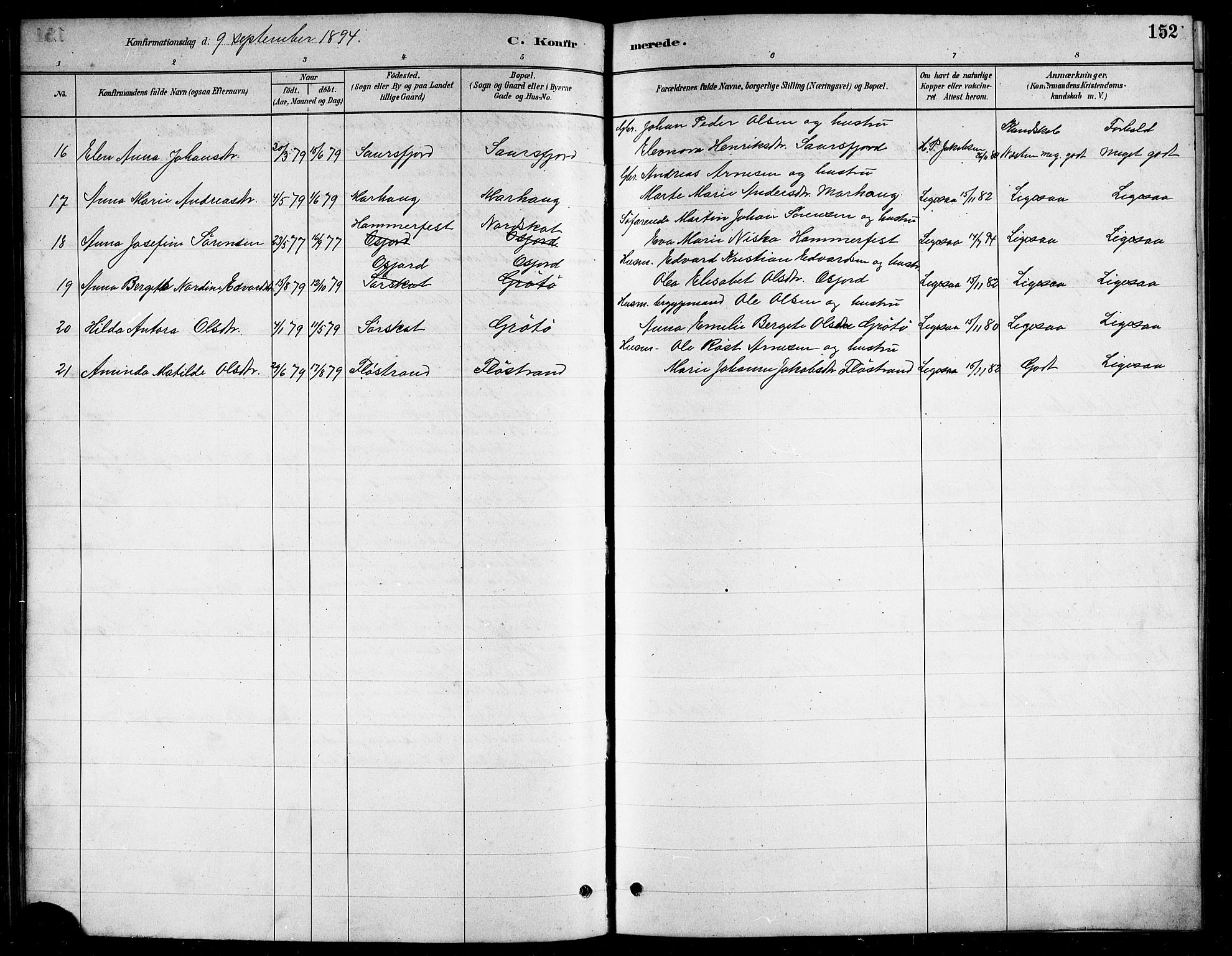 Ministerialprotokoller, klokkerbøker og fødselsregistre - Nordland, AV/SAT-A-1459/857/L0828: Parish register (copy) no. 857C03, 1879-1908, p. 152