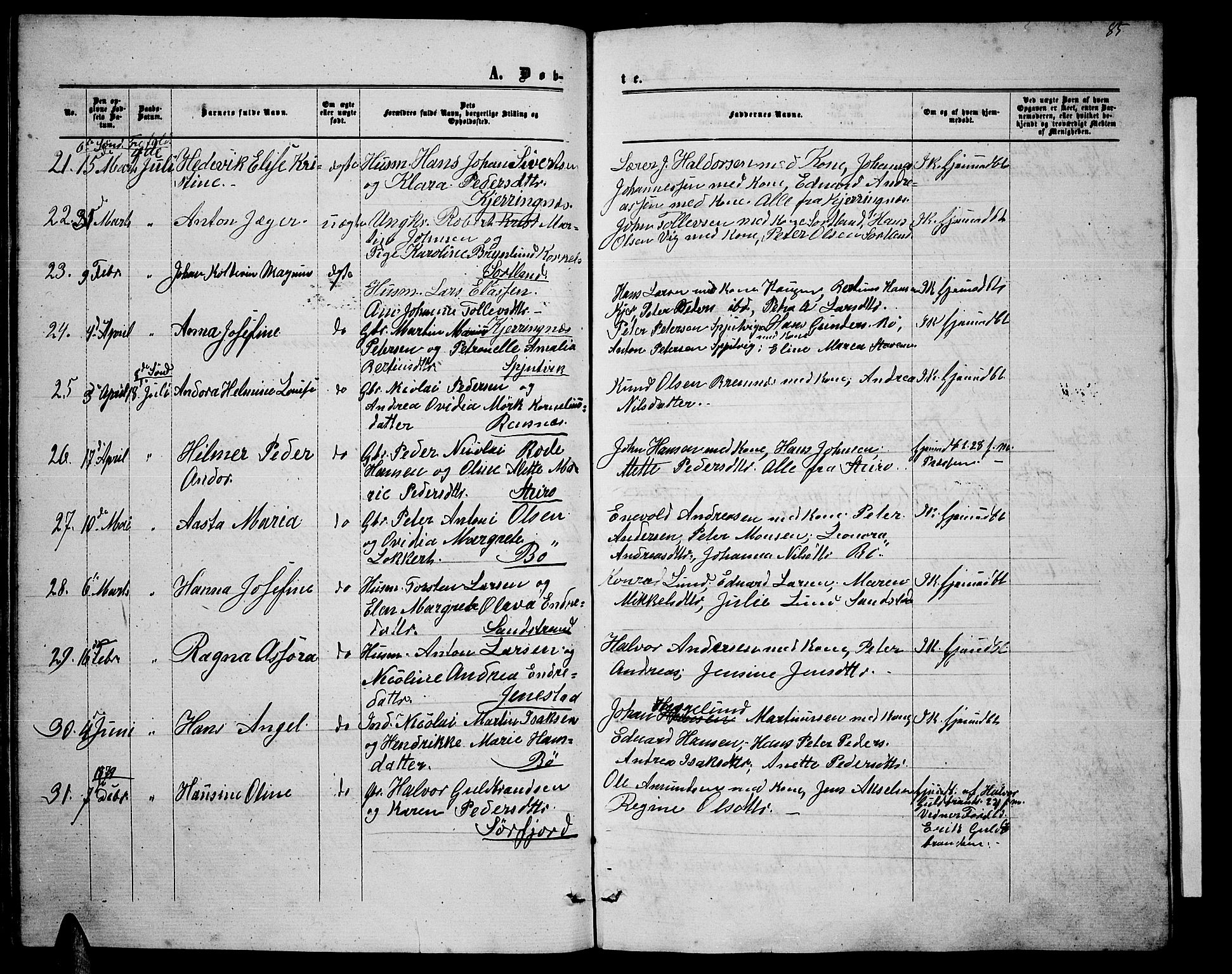 Ministerialprotokoller, klokkerbøker og fødselsregistre - Nordland, SAT/A-1459/895/L1381: Parish register (copy) no. 895C03, 1864-1885, p. 85