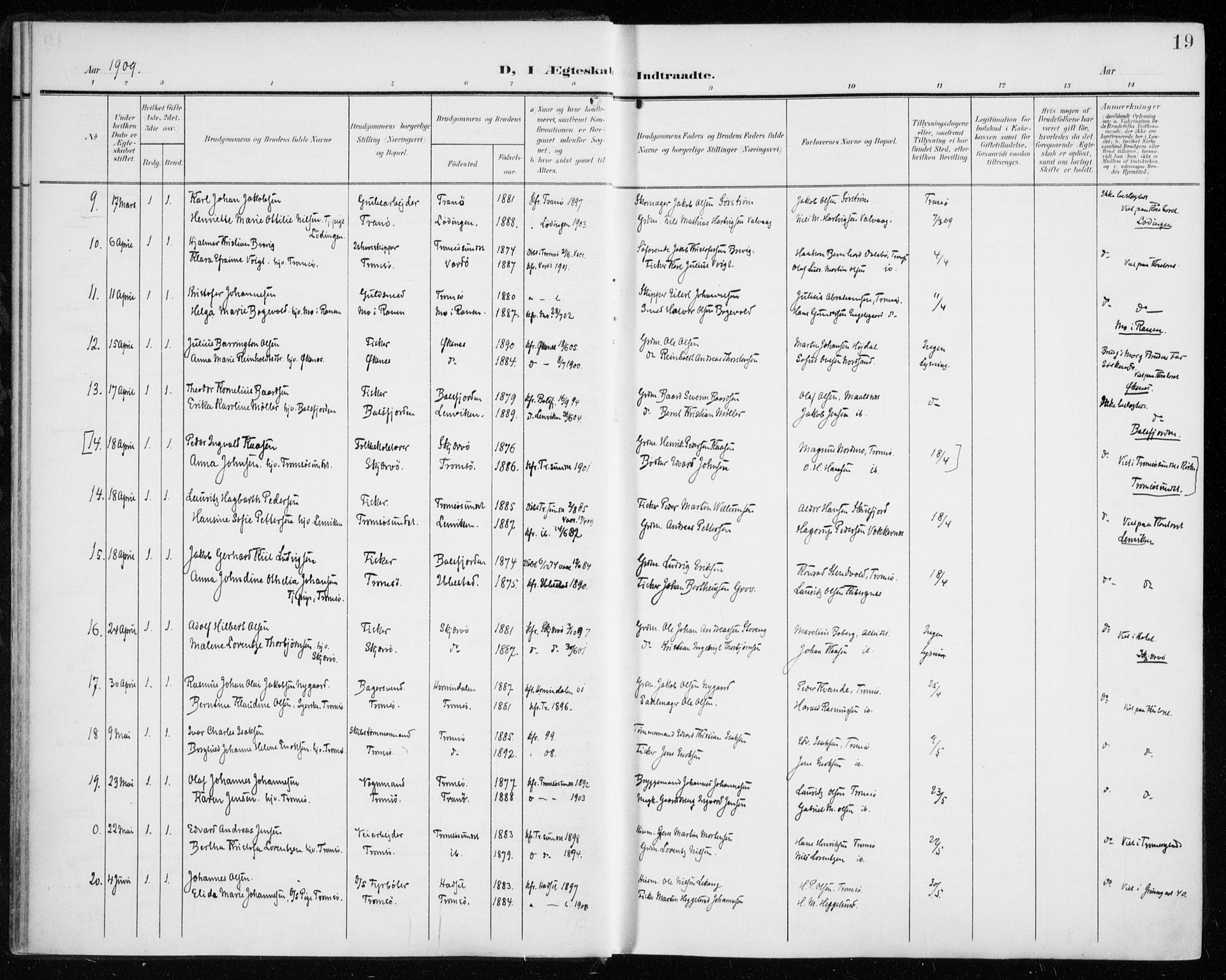 Tromsø sokneprestkontor/stiftsprosti/domprosti, AV/SATØ-S-1343/G/Ga/L0018kirke: Parish register (official) no. 18, 1907-1917, p. 19