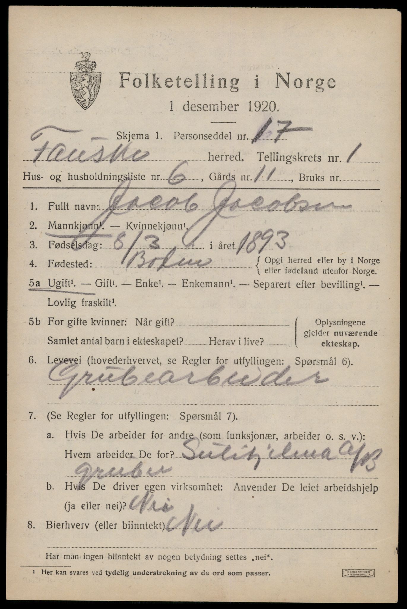 SAT, 1920 census for Fauske, 1920, p. 2138