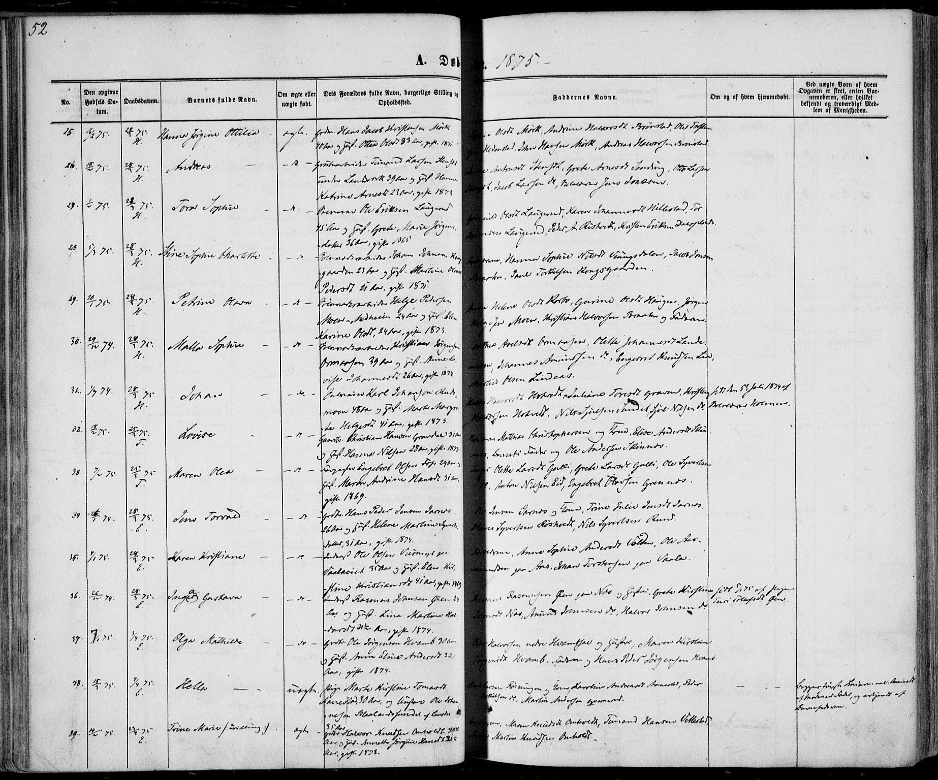 Sandsvær kirkebøker, SAKO/A-244/F/Fa/L0007: Parish register (official) no. I 7, 1869-1877, p. 52