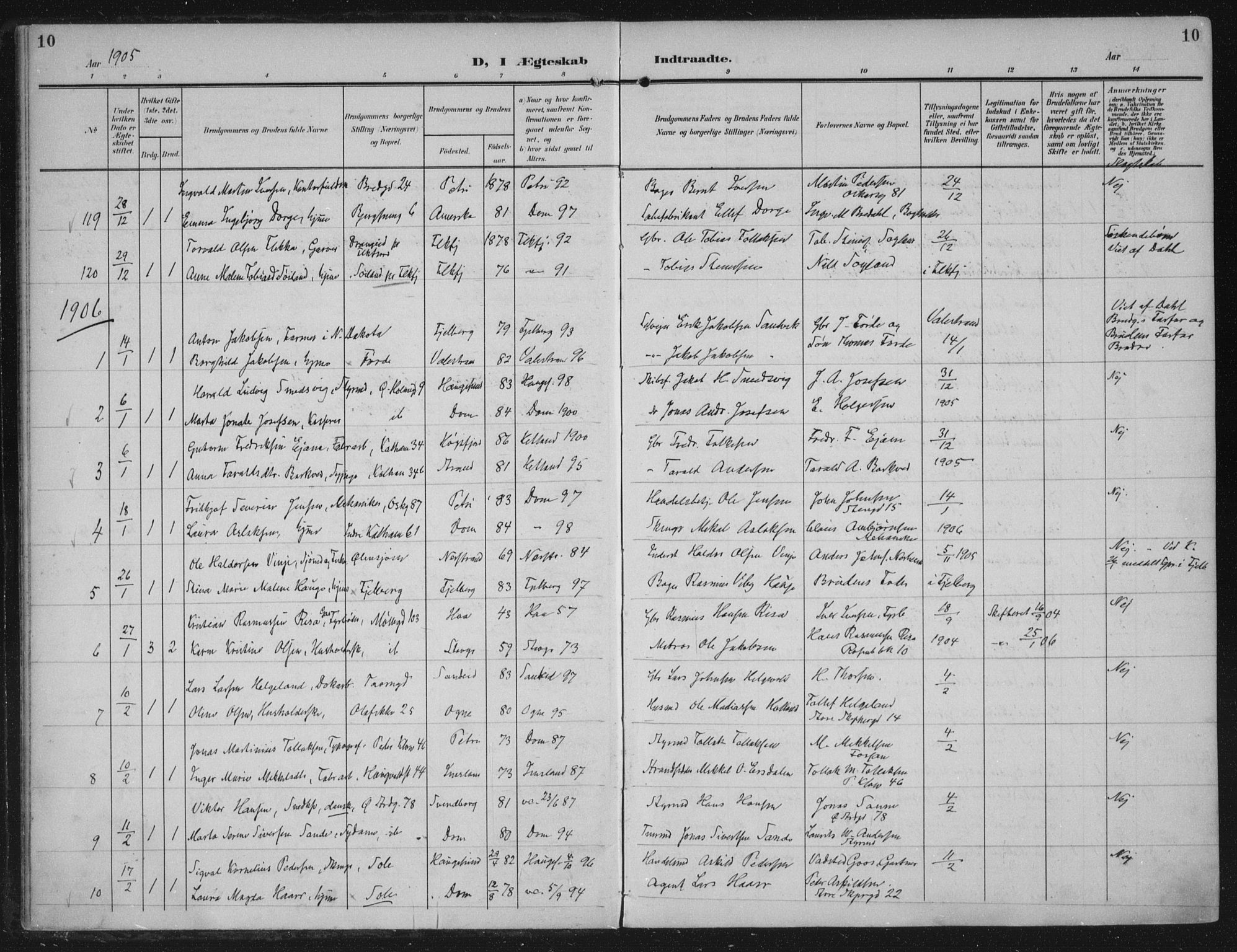 Domkirken sokneprestkontor, AV/SAST-A-101812/002/A/L0016: Parish register (official) no. A 33, 1905-1922, p. 10