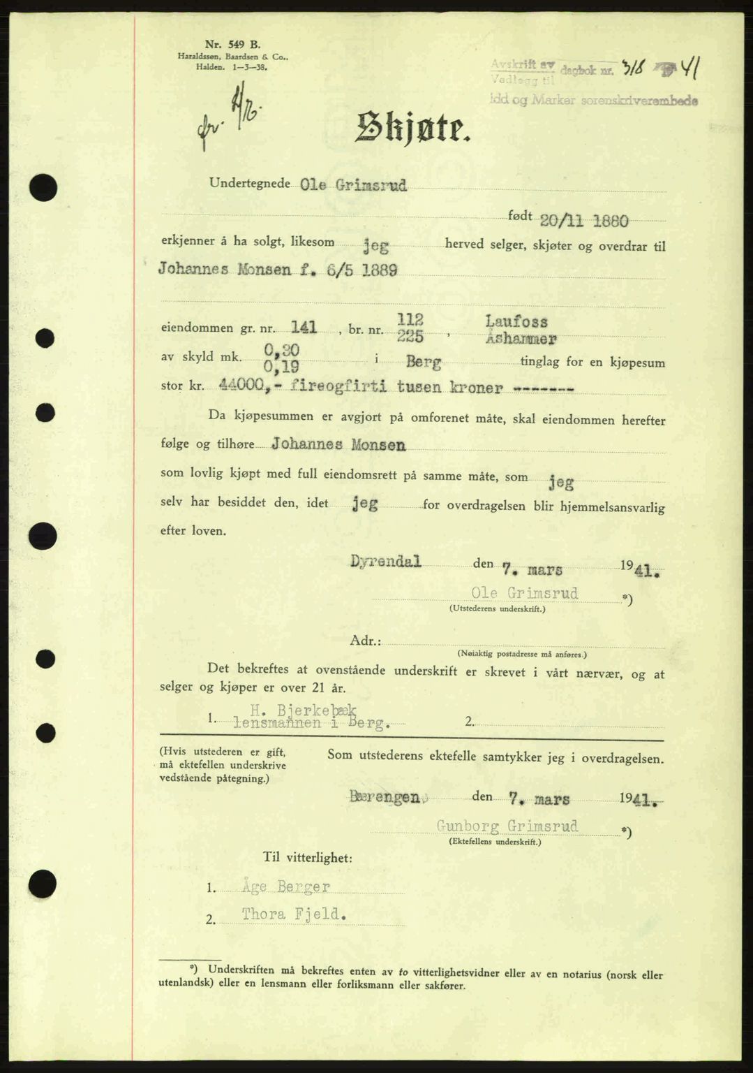 Idd og Marker sorenskriveri, AV/SAO-A-10283/G/Gb/Gbb/L0004: Mortgage book no. A4, 1940-1941, Diary no: : 318/1941